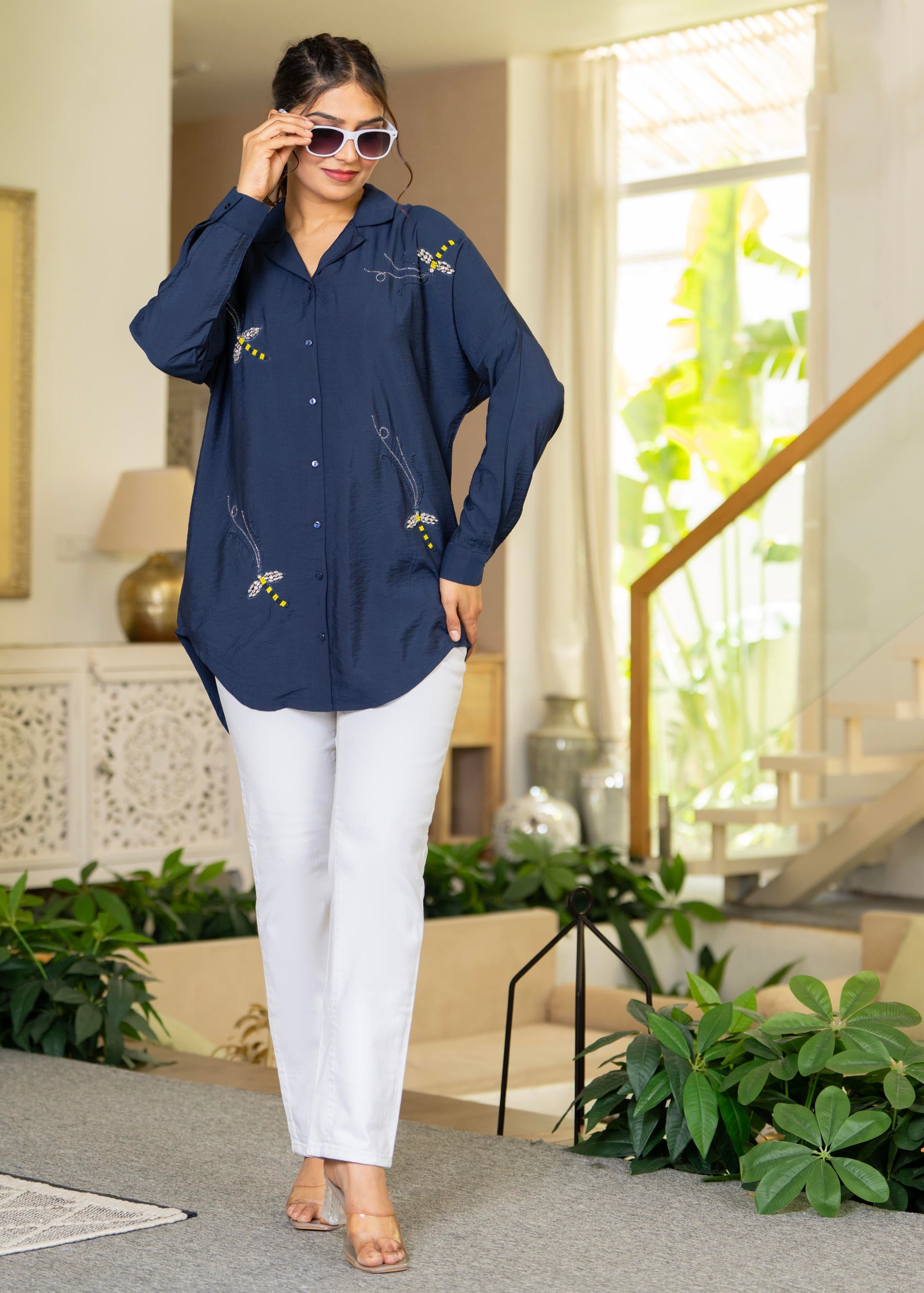 Navy Solid Viscose Shirt with Beads Work