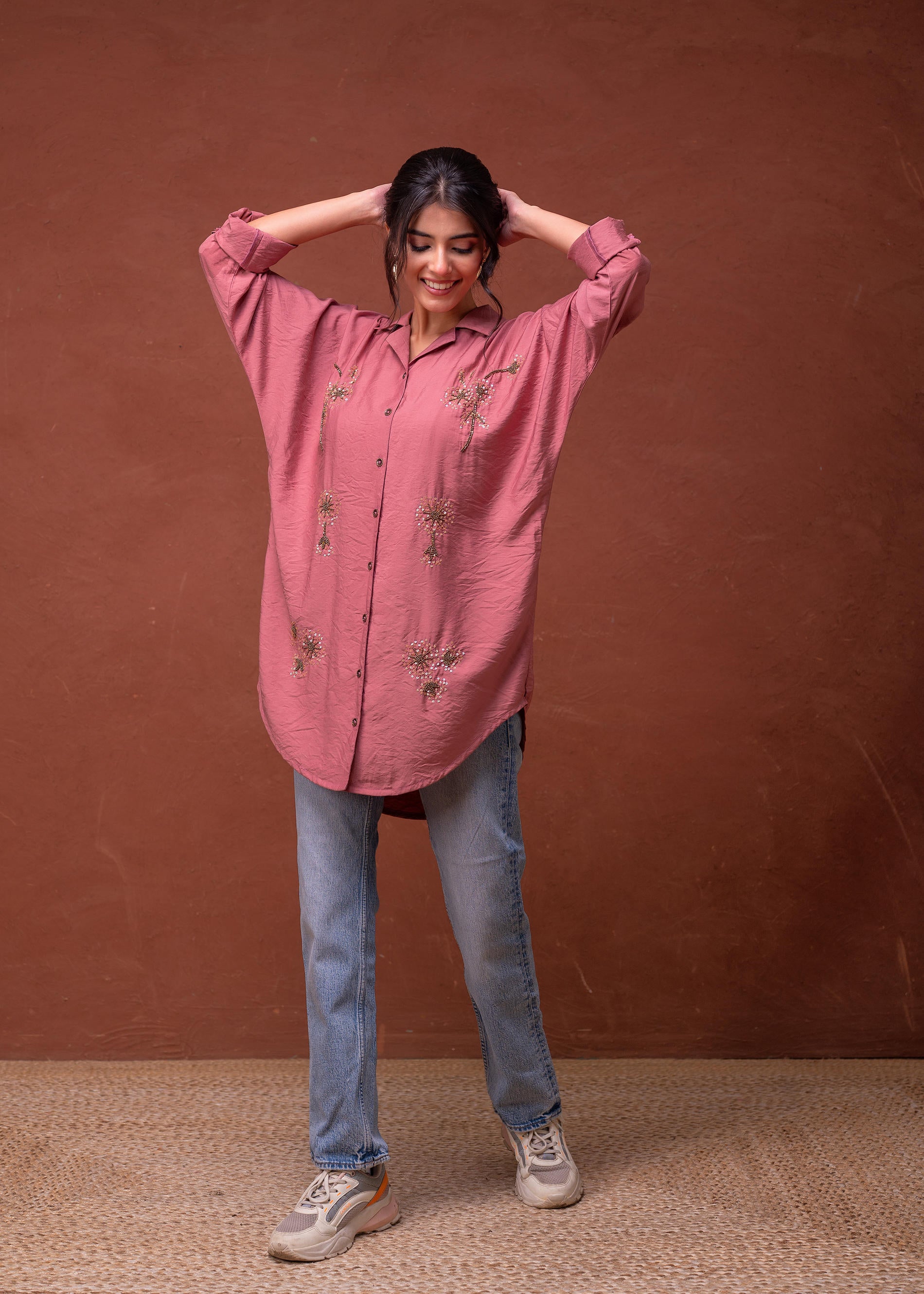 Viscose Dustypink Embellished Shirt with Sequin & Bead Details