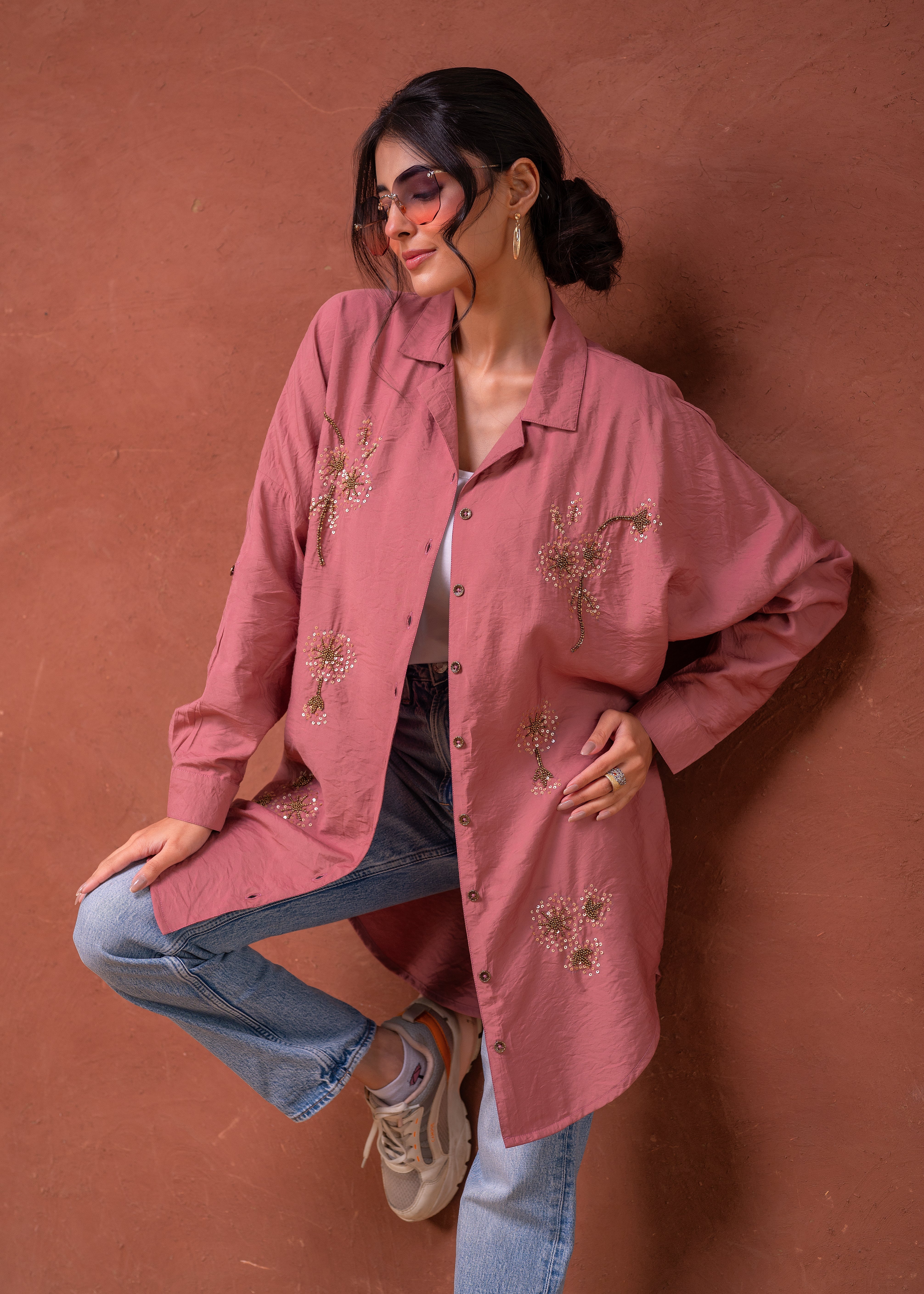 Viscose Dustypink Embellished Shirt with Sequin & Bead Details