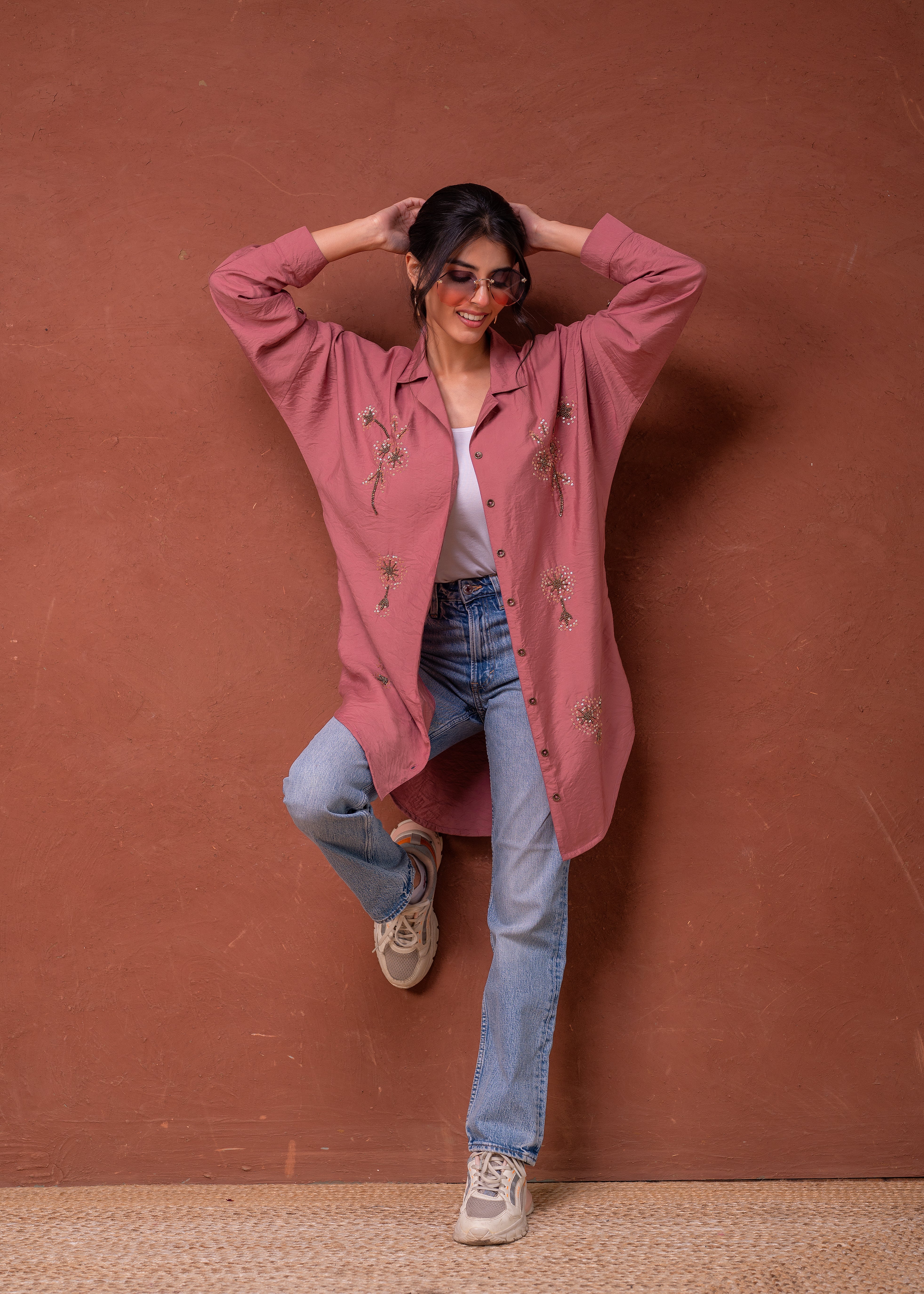 Viscose Dustypink Embellished Shirt with Sequin & Bead Details