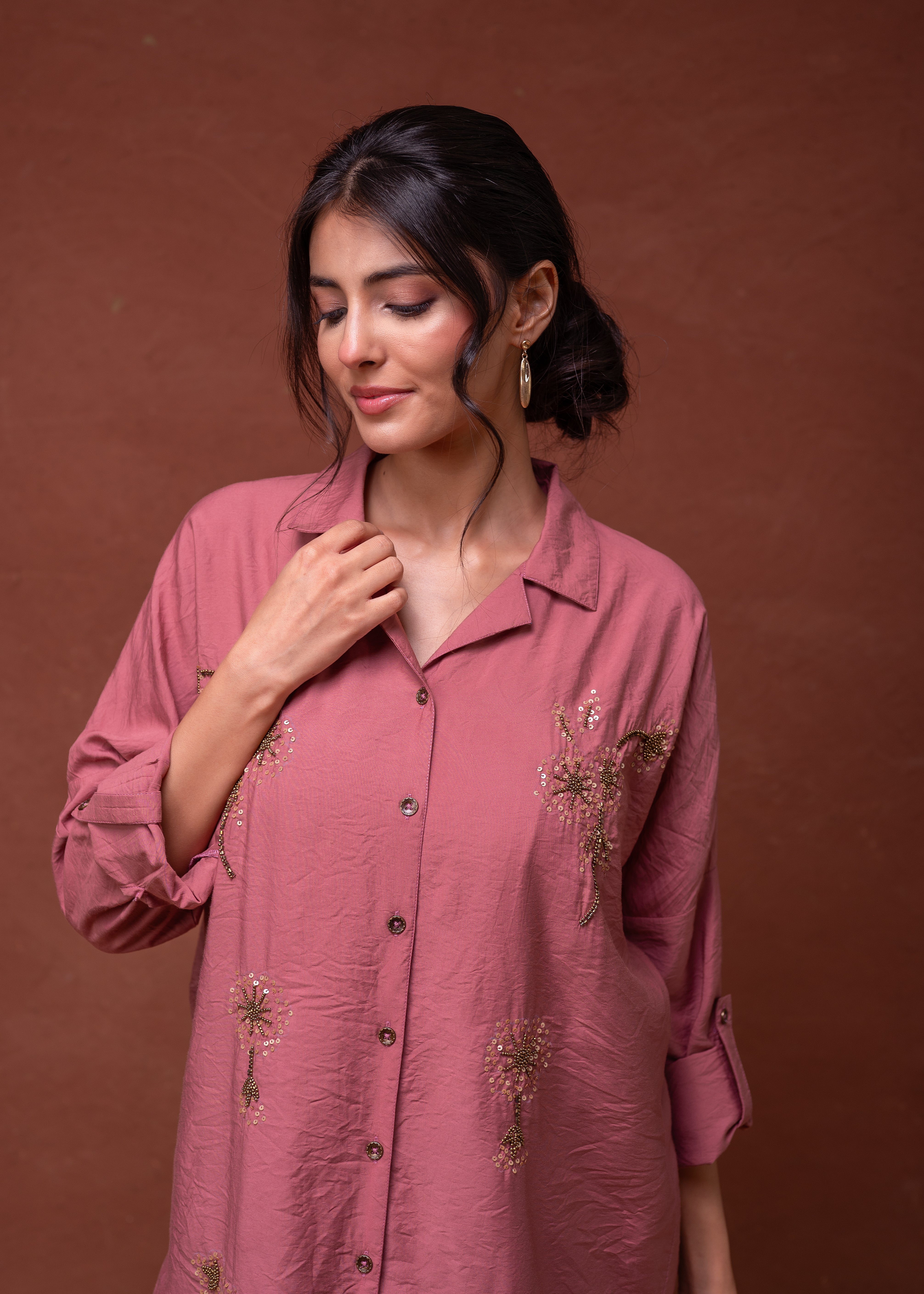 Viscose Dustypink Embellished Shirt with Sequin & Bead Details