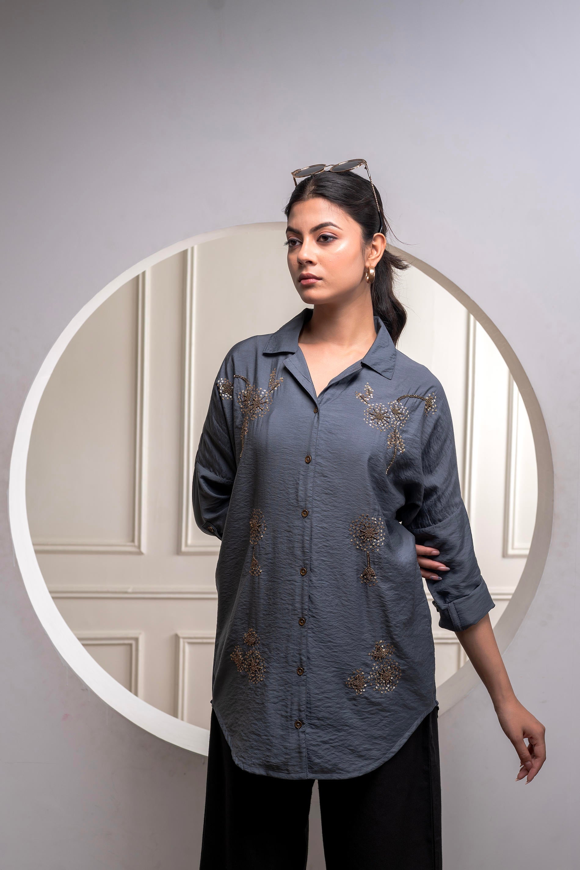 Viscose Grey Embellished Shirt with Sequin & Bead Details