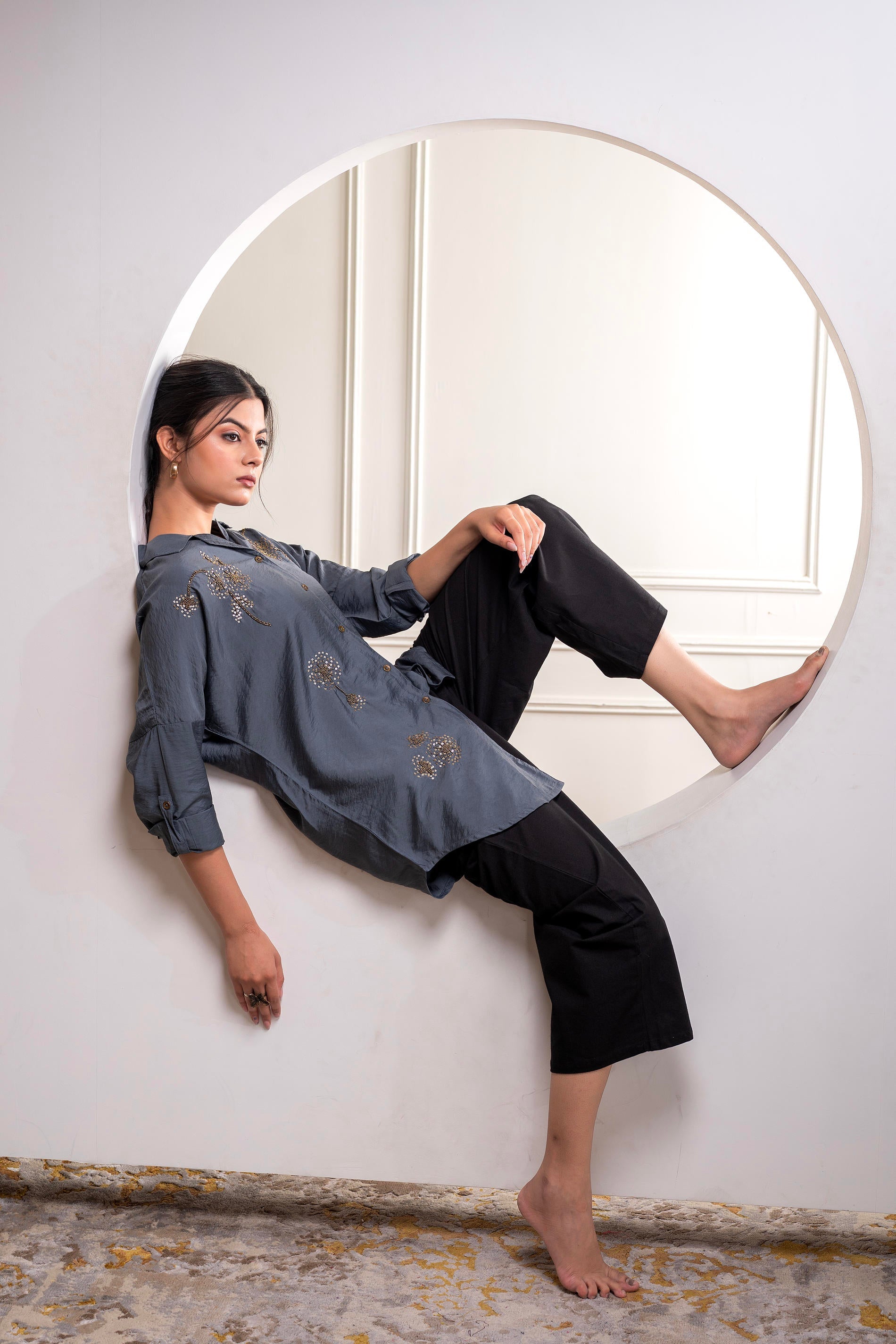 Viscose Grey Embellished Shirt with Sequin & Bead Details