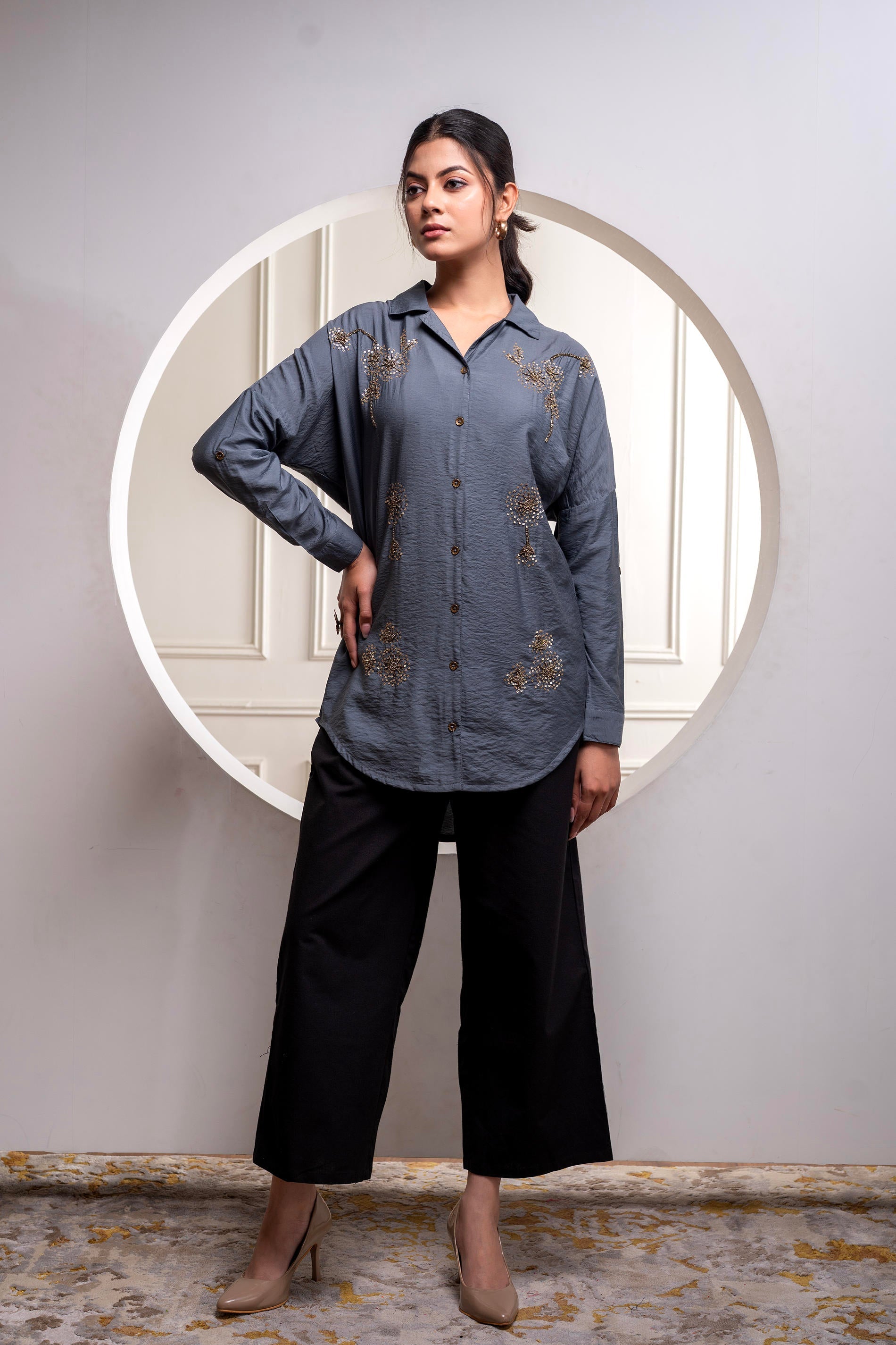Viscose Grey Embellished Shirt with Sequin & Bead Details