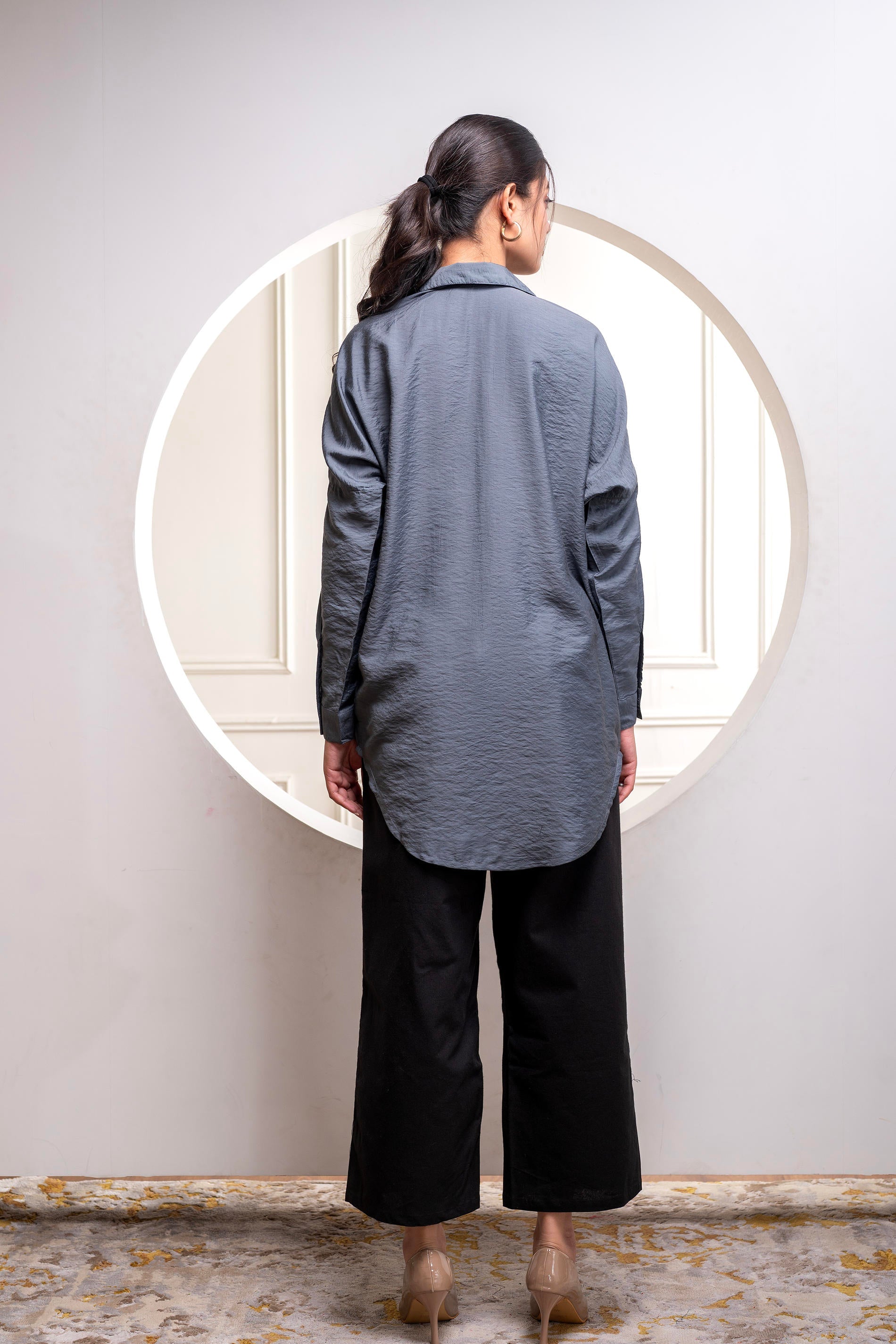 Viscose Grey Embellished Shirt with Sequin & Bead Details