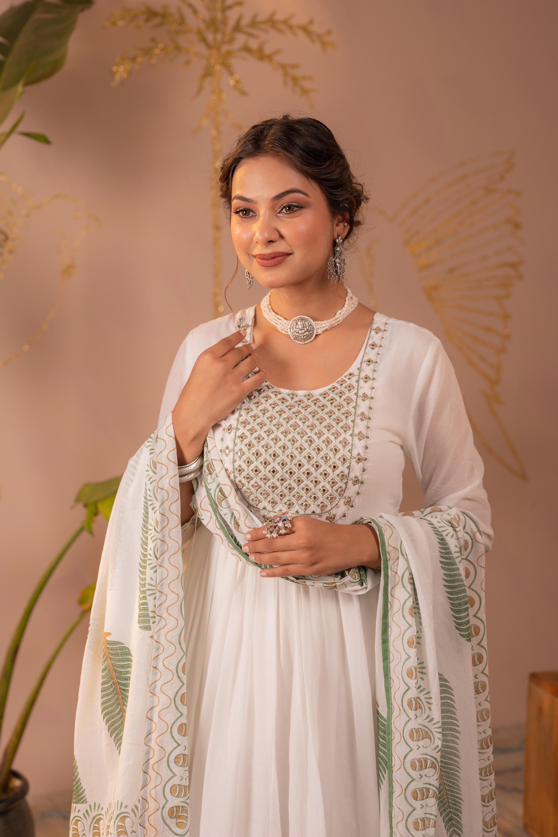 White & Green Leaf Printed Anarkali Dress Set