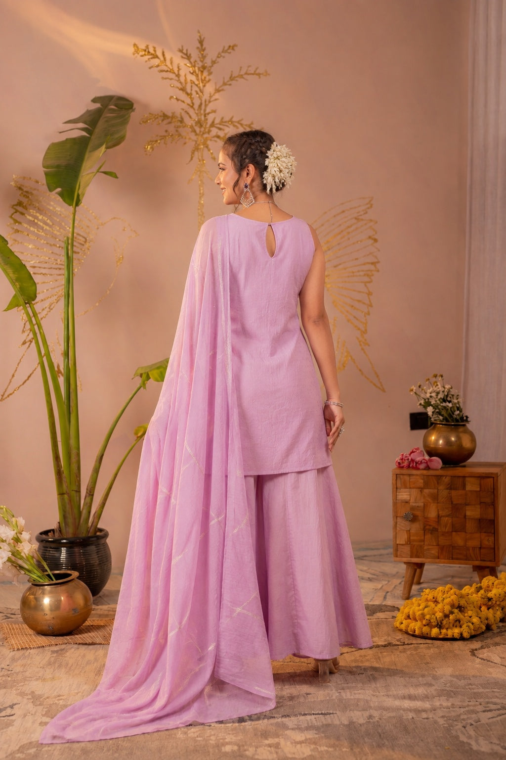 Lavender Embroidered Cotton Kurta Sharara Set