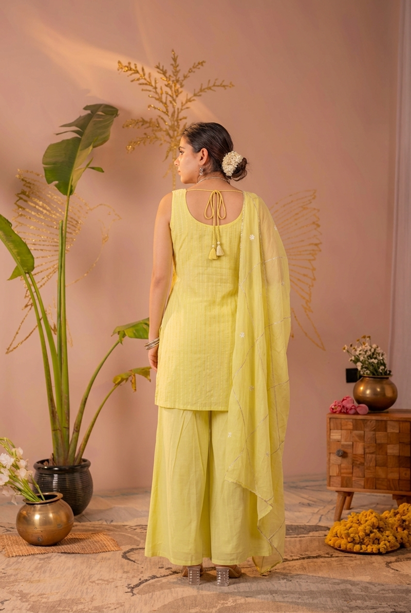 Light Yellow Embroidered Cotton Kurta Sharara Set
