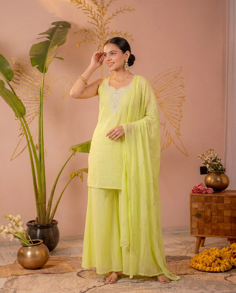 Light Yellow Embroidered Cotton Kurta Sharara Set