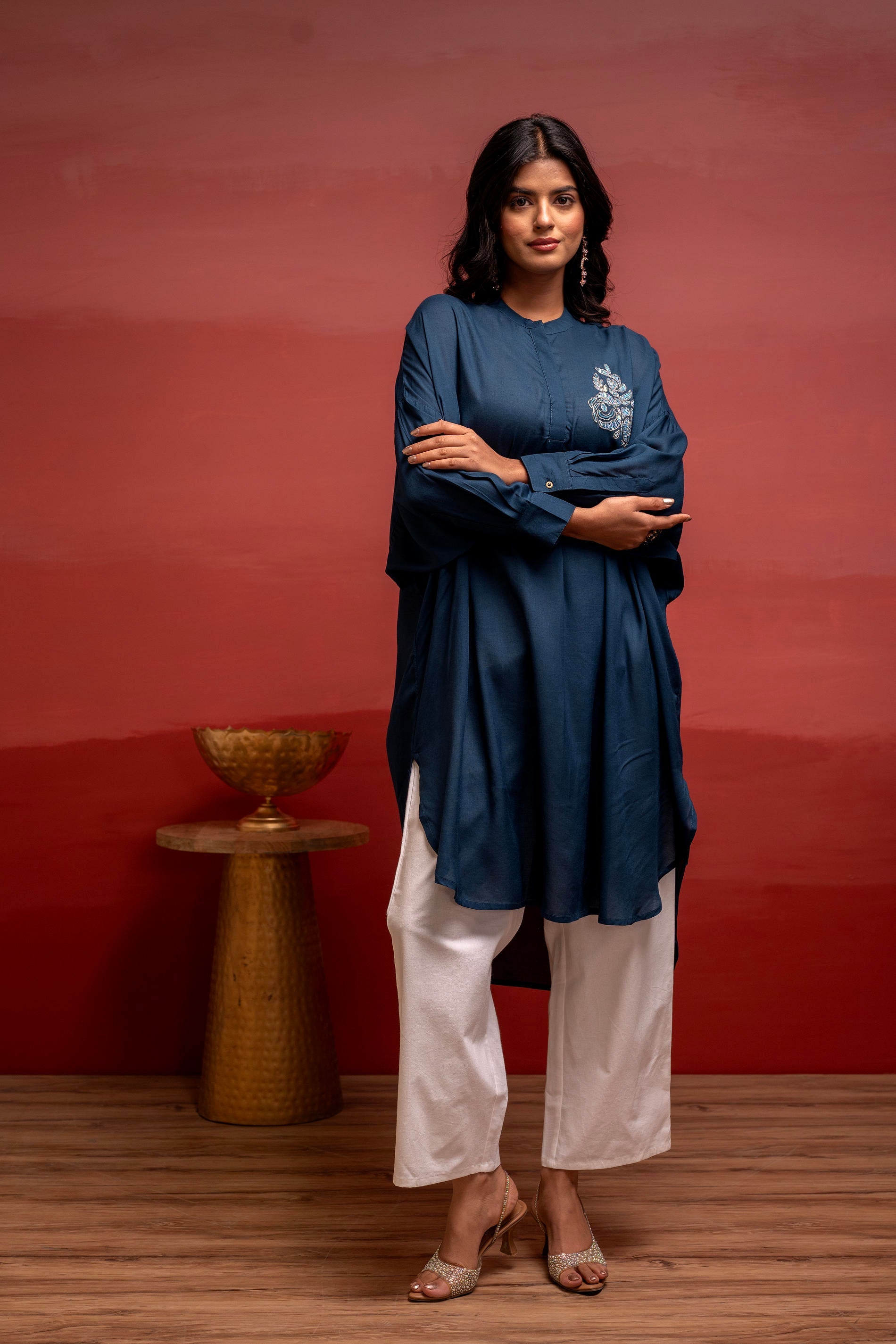 Viscose Blue Embellished Shirt with Sequin & Bead Details