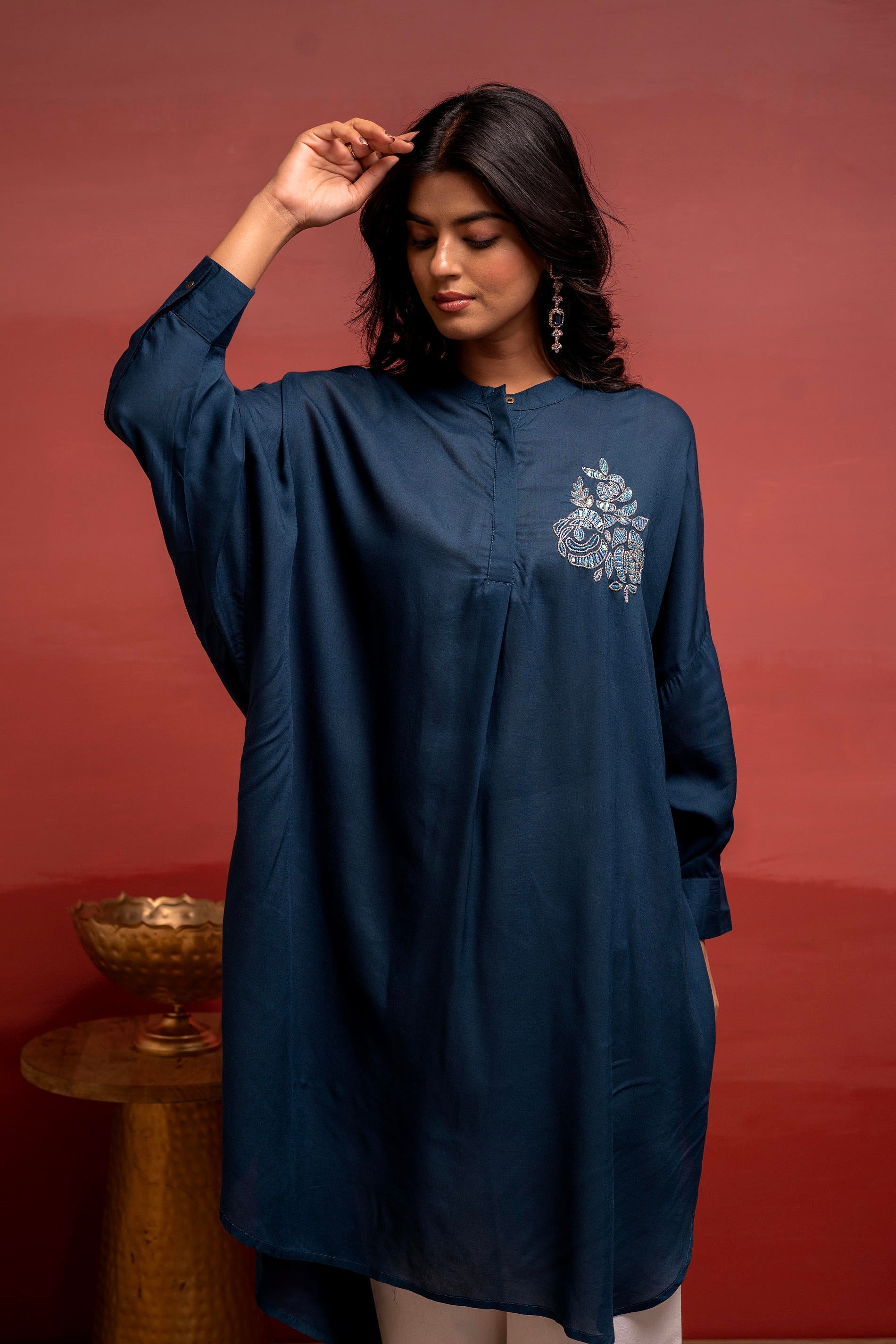 Viscose Blue Embellished Shirt with Sequin & Bead Details