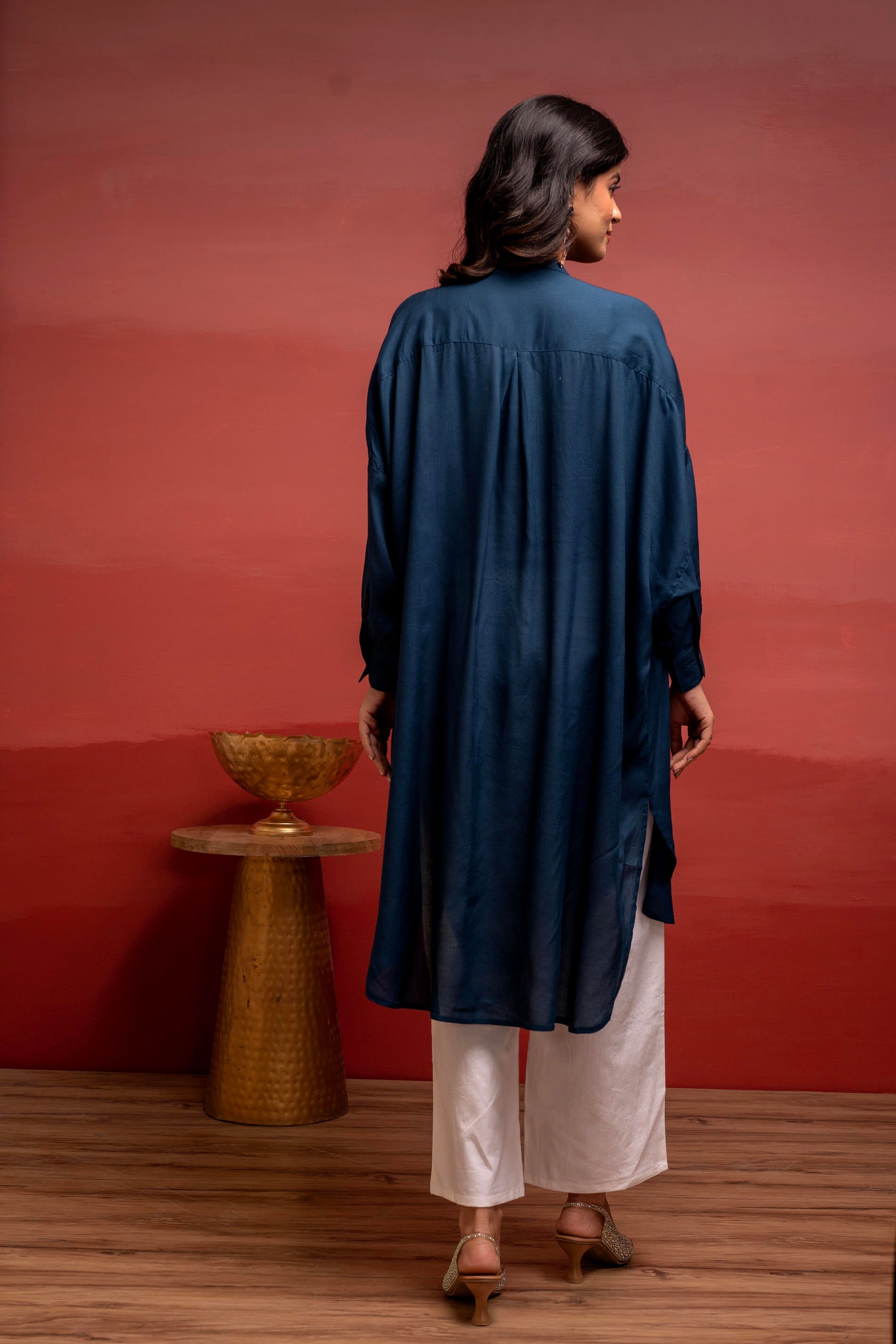 Viscose Blue Embellished Shirt with Sequin & Bead Details