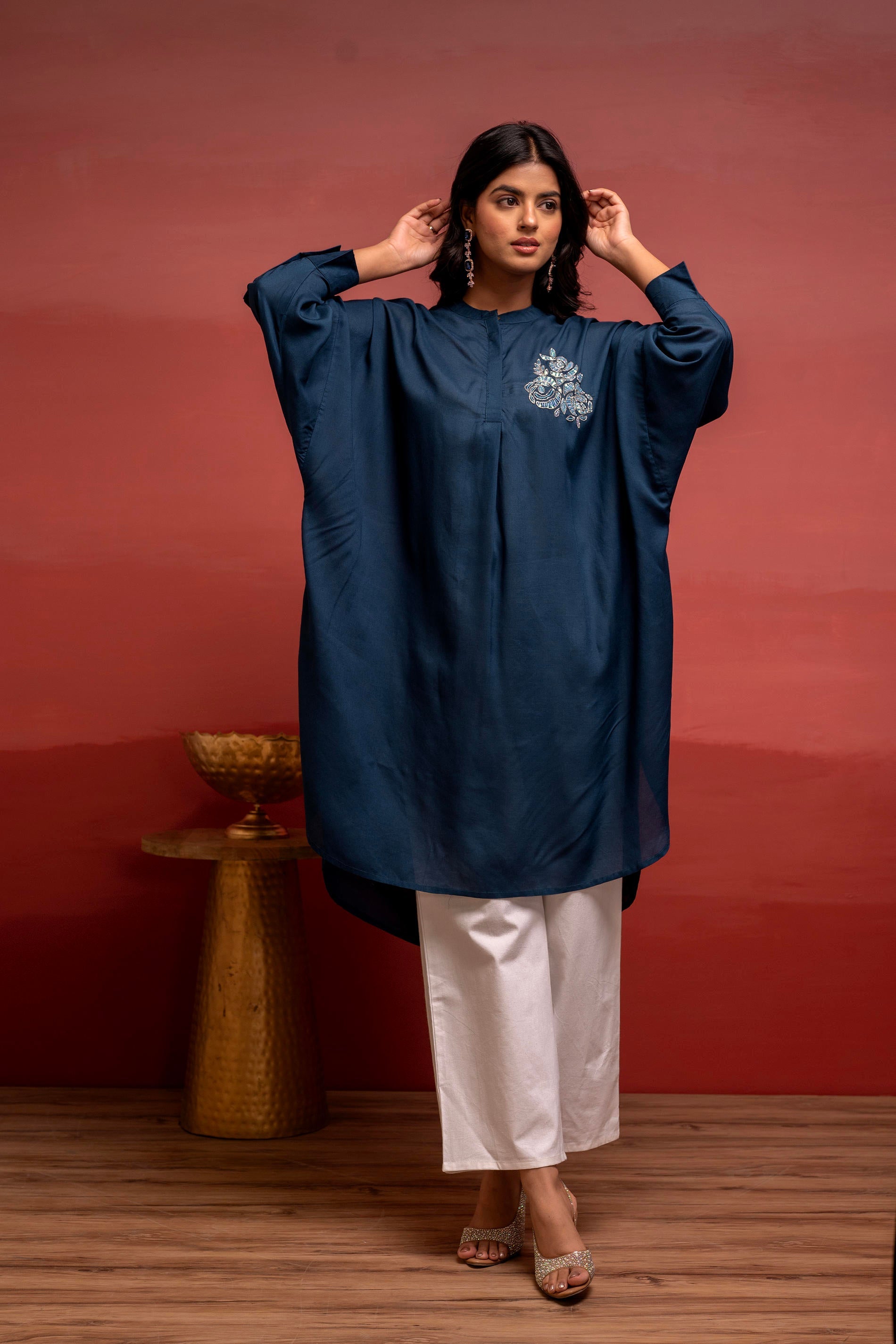 Viscose Blue Embellished Shirt with Sequin & Bead Details