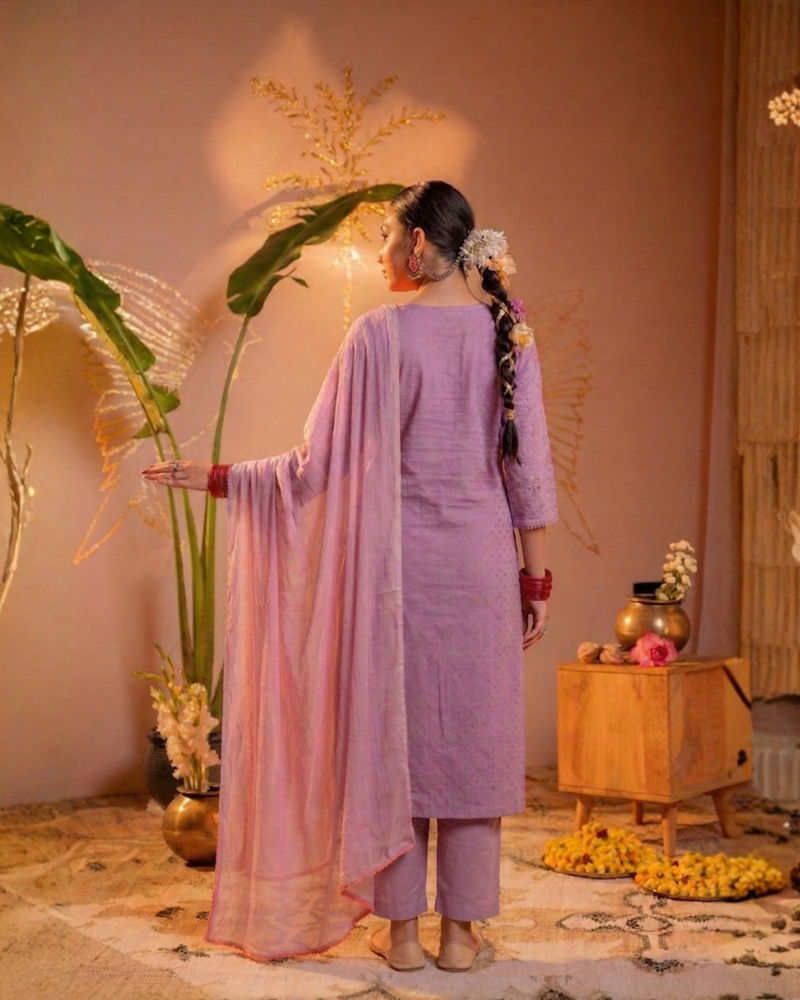 Lavender Embroidered Cotton Kurta Salwar Set