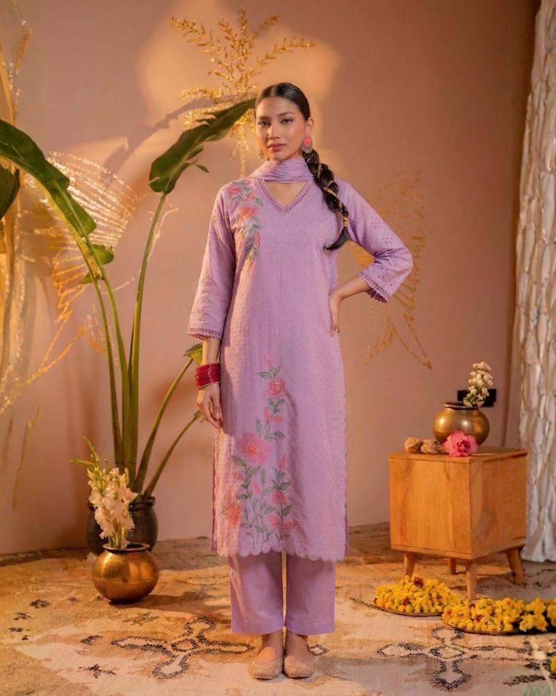 Lavender Embroidered Cotton Kurta Salwar Set