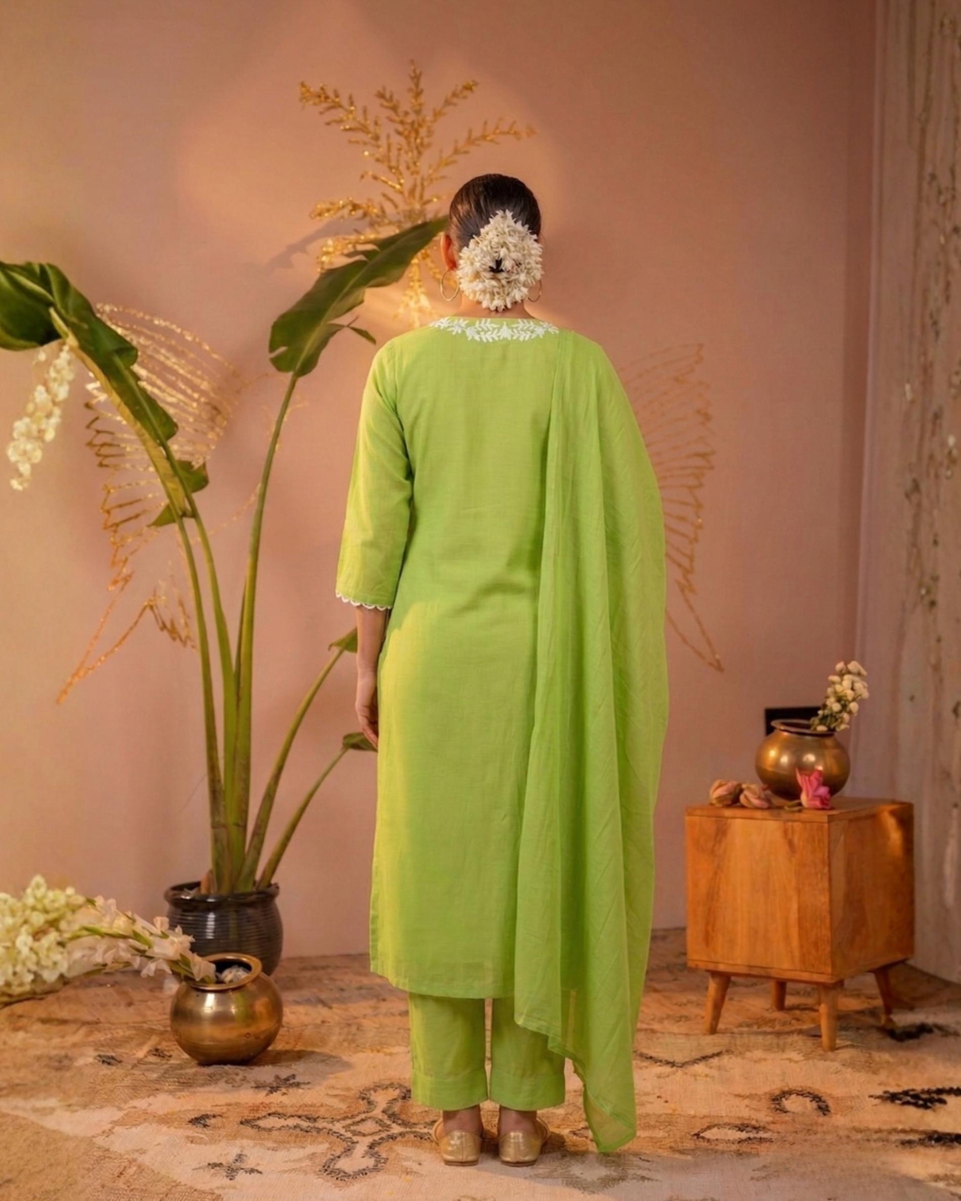 Green Embroidered Cotton Kurta Pant Set