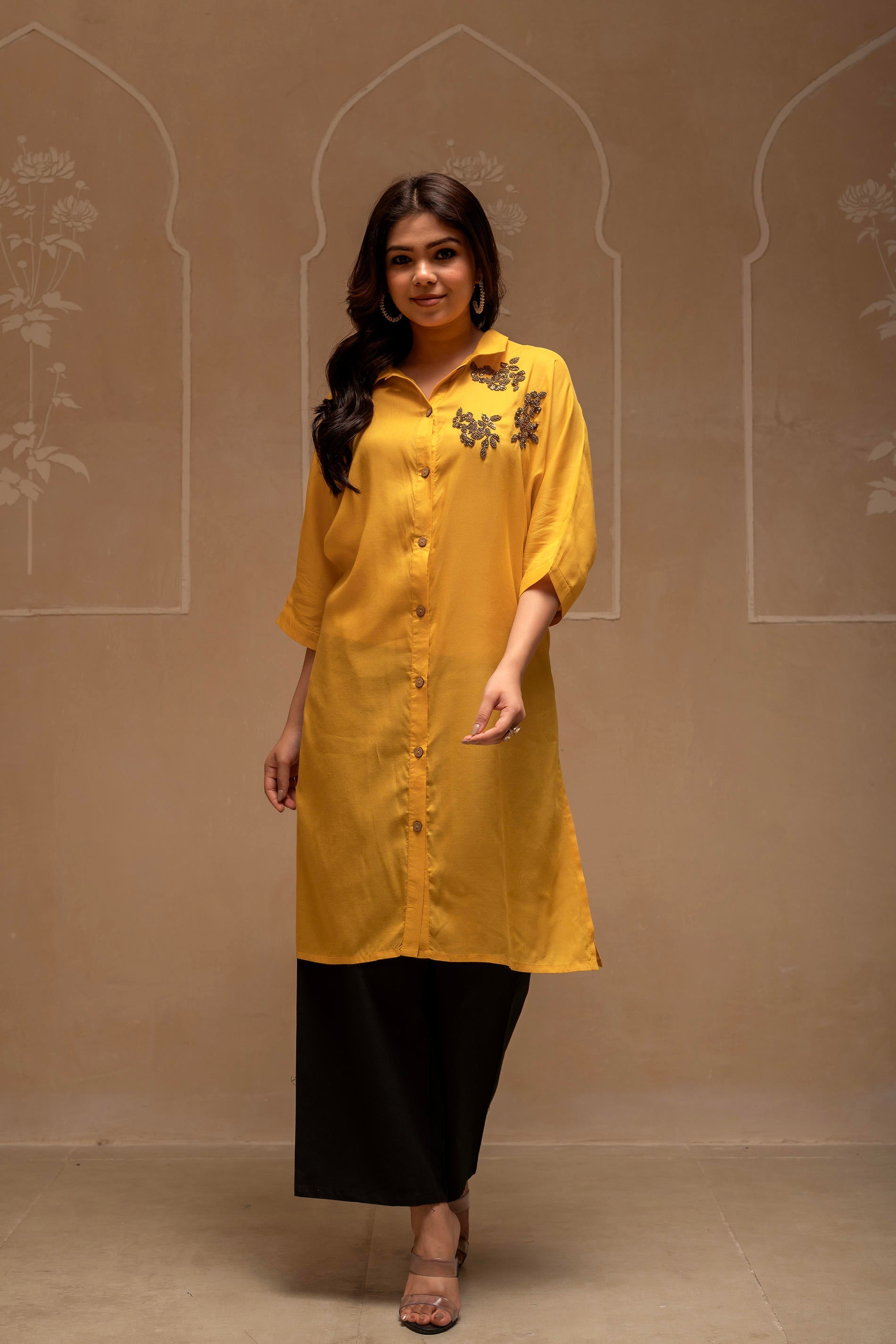 Mustard Solid Viscose Shirt with Beads Work