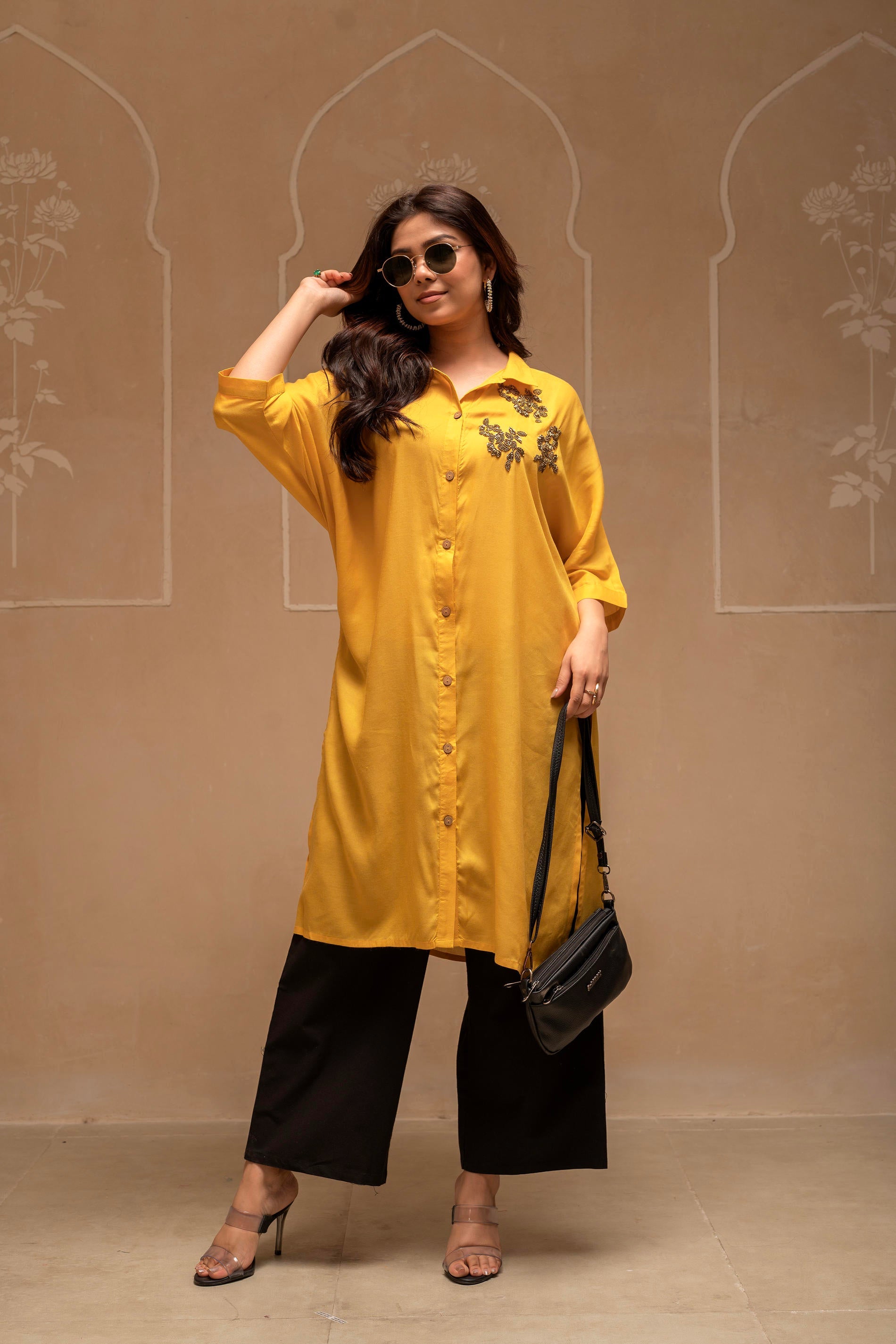 Mustard Solid Viscose Shirt with Beads Work