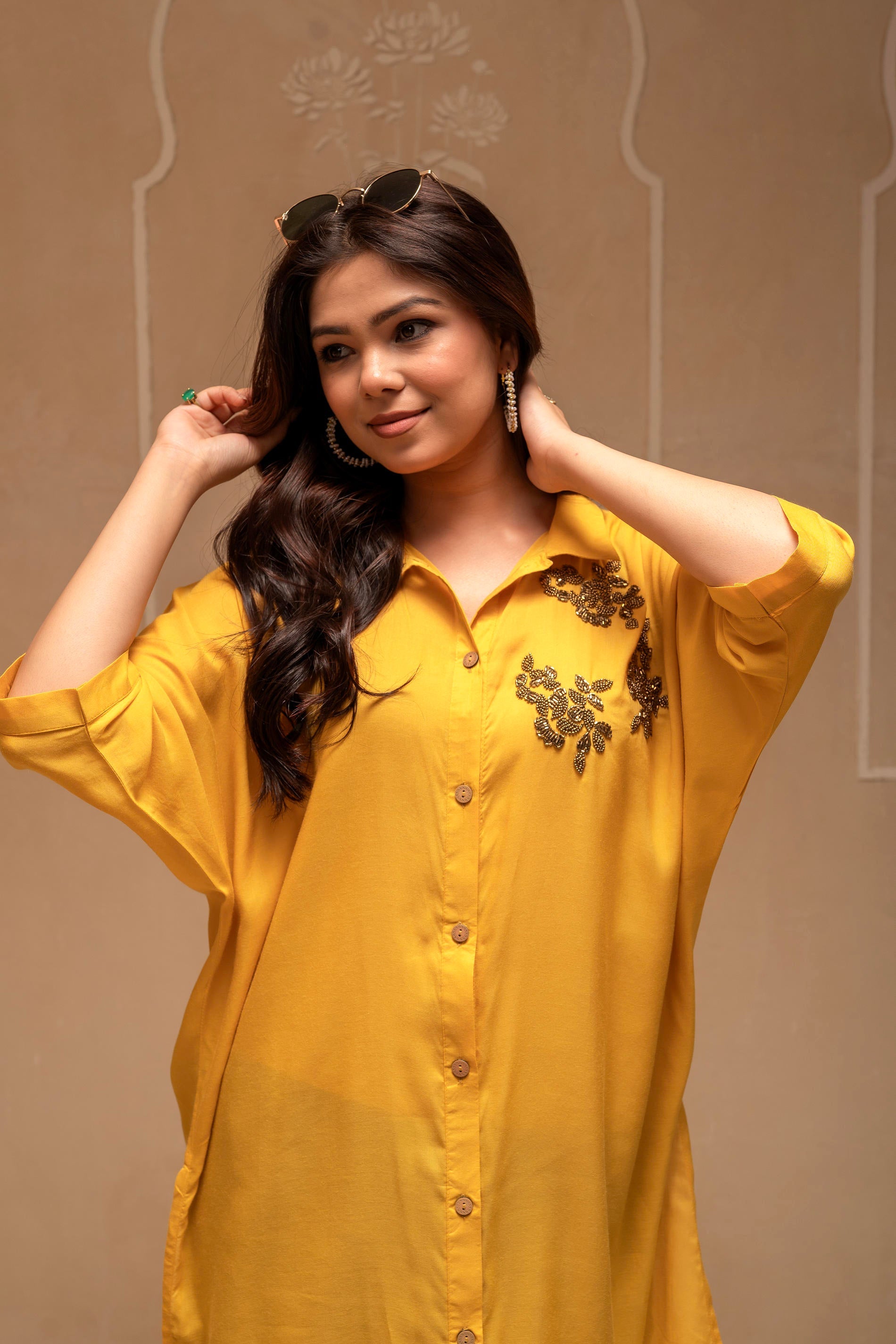 Mustard Solid Viscose Shirt with Beads Work