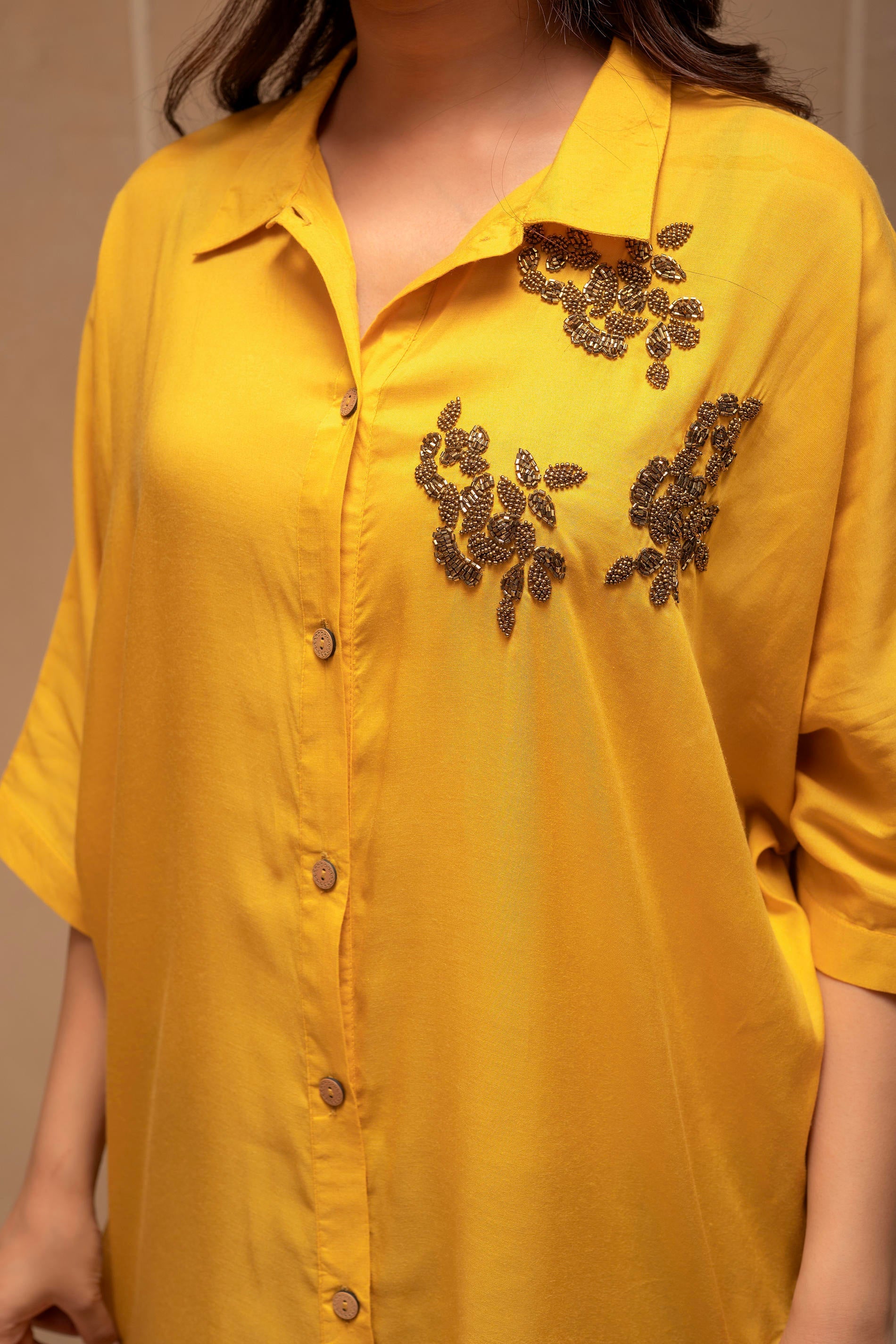 Mustard Solid Viscose Shirt with Beads Work