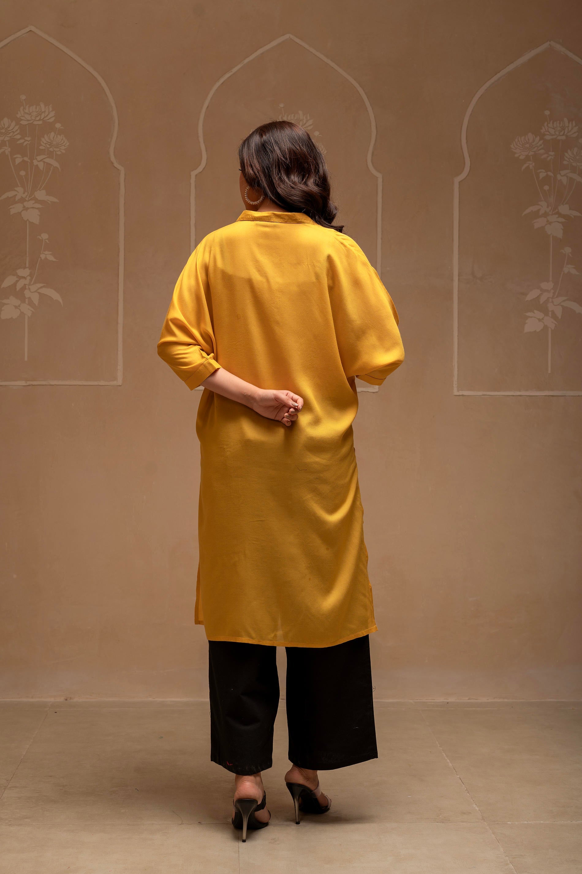 Mustard Solid Viscose Shirt with Beads Work