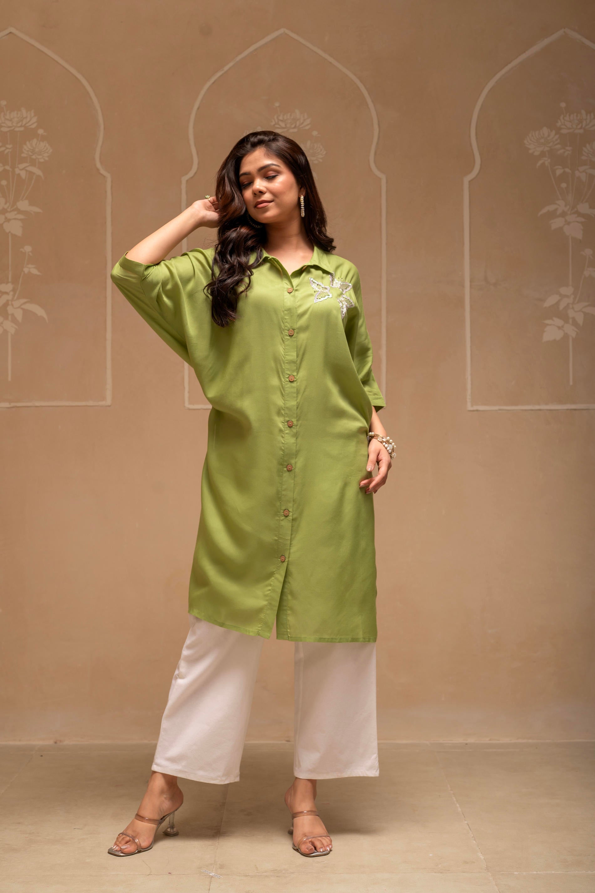 Sage Green Solid Viscose Shirt with Beads and Sequence Work