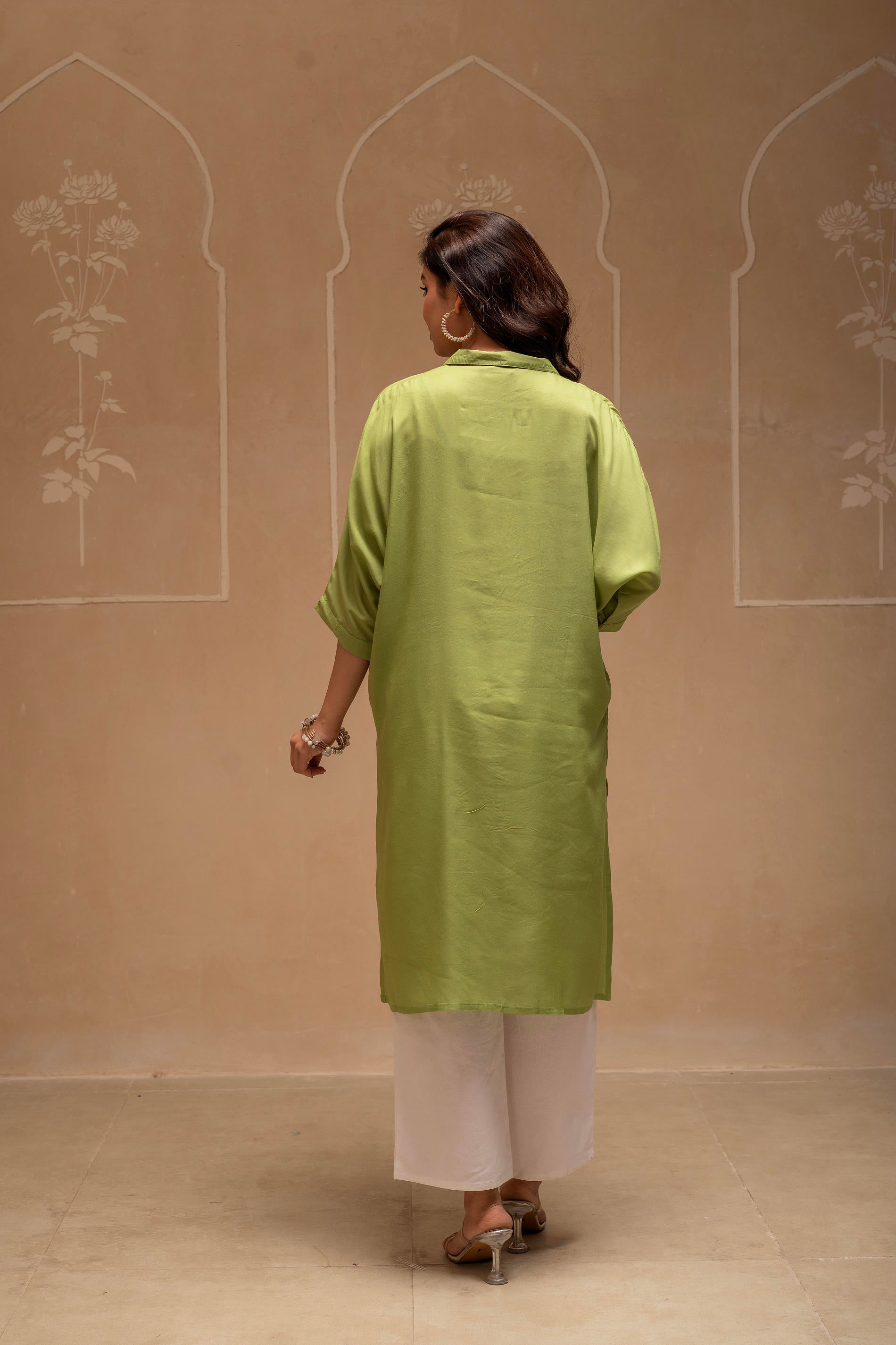 Sage Green Solid Viscose Shirt with Beads and Sequence Work