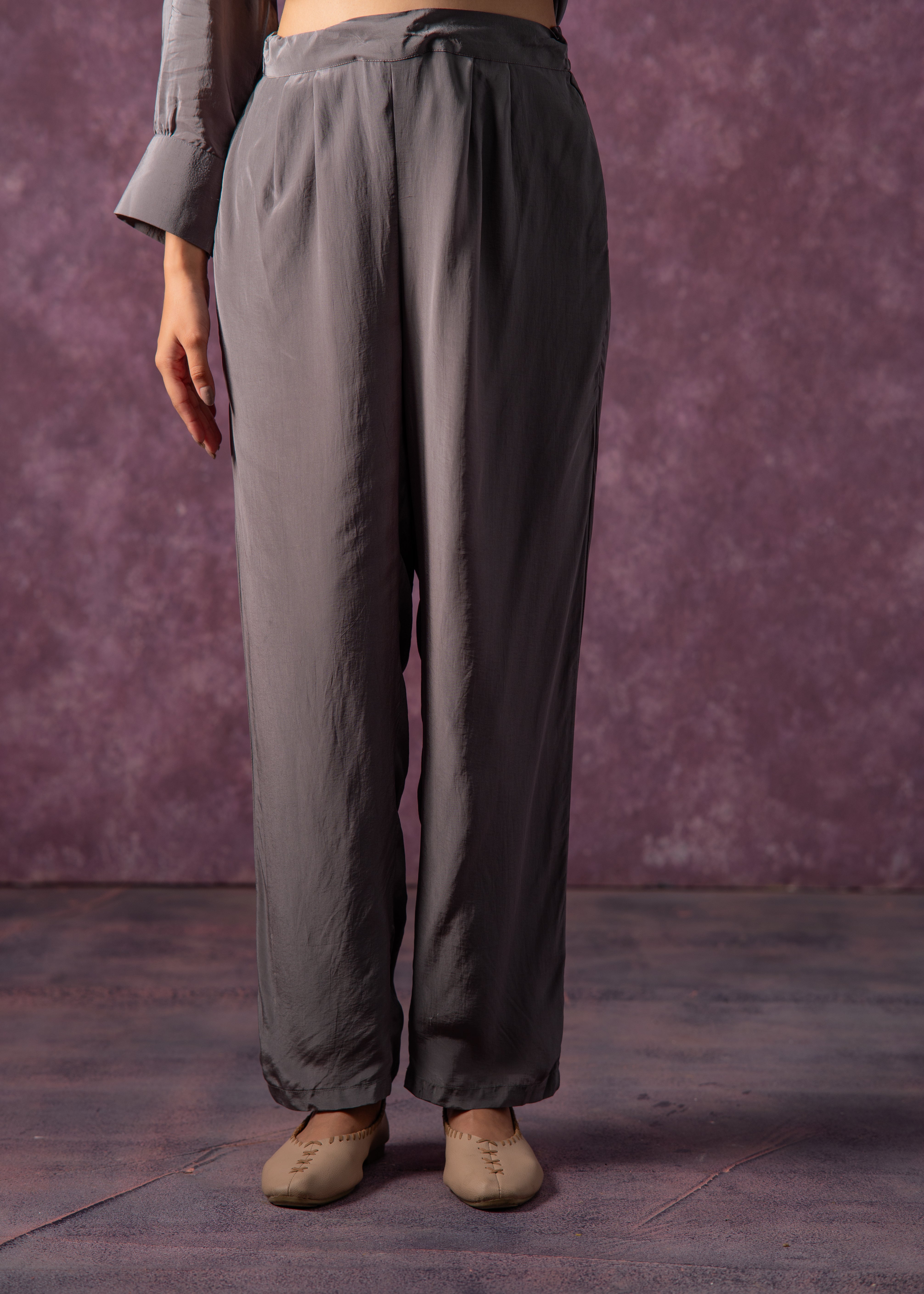 Viscose Grey Embellished Tunic and Pant Co-Ord Set with Bead Details