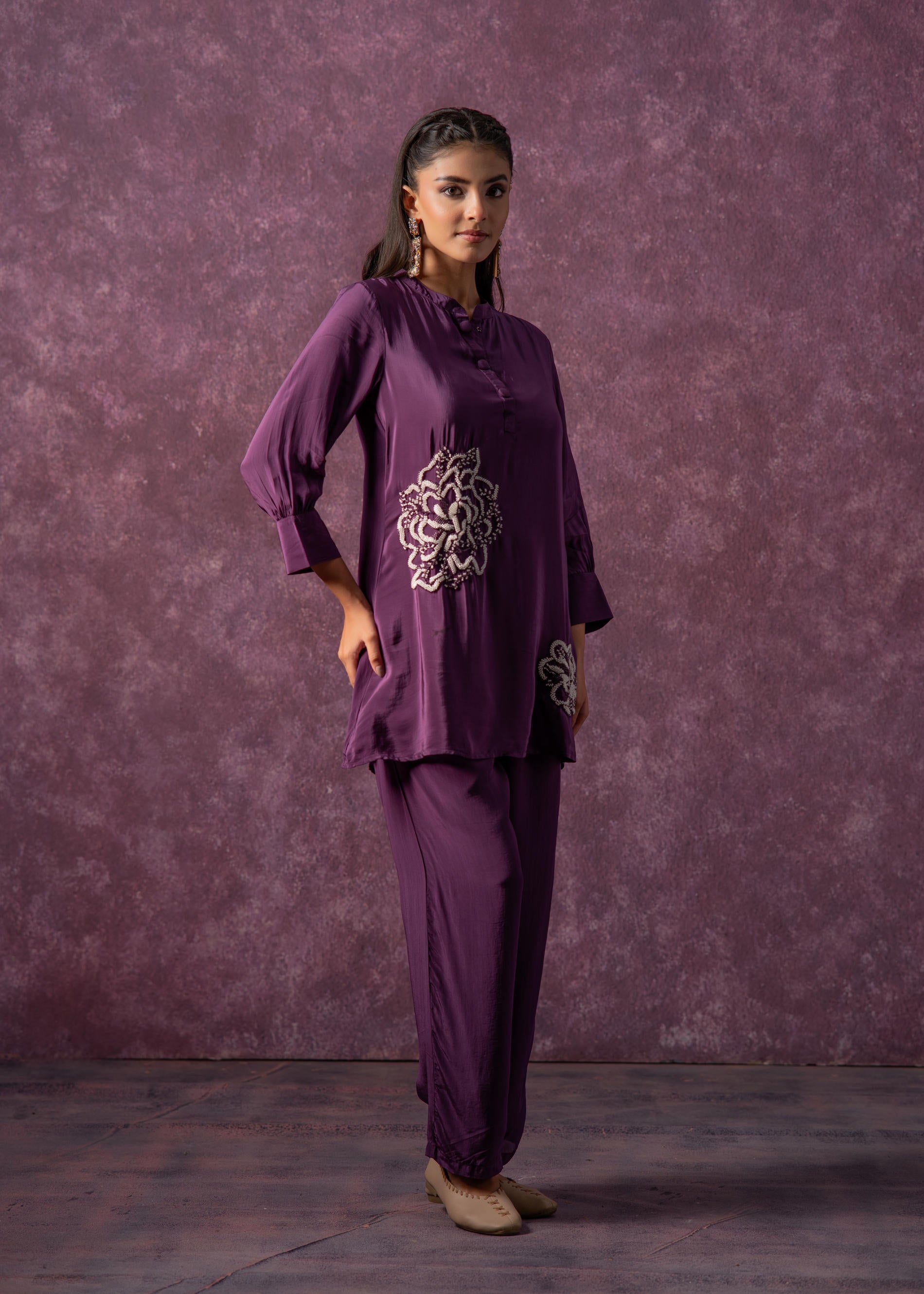 Viscose Purple Embellished Tunic and Pant Co-Ord Set with Bead Details