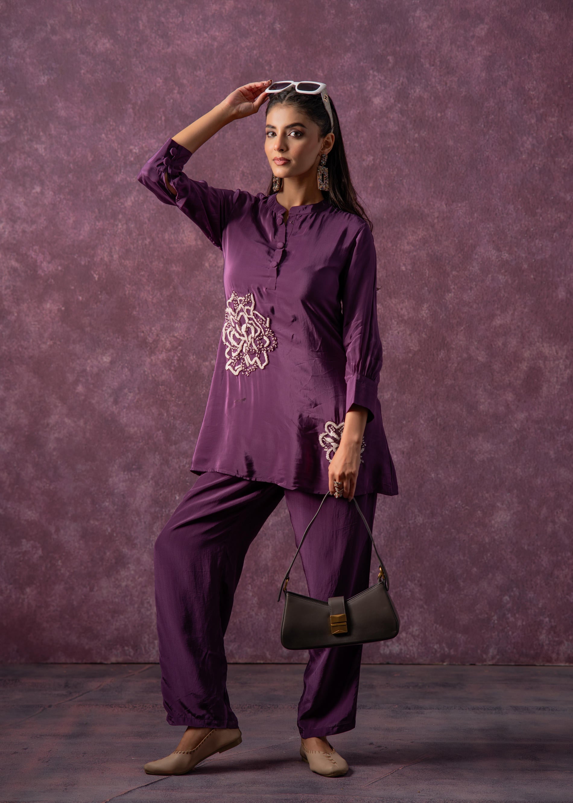 Viscose Purple Embellished Tunic and Pant Co-Ord Set with Bead Details