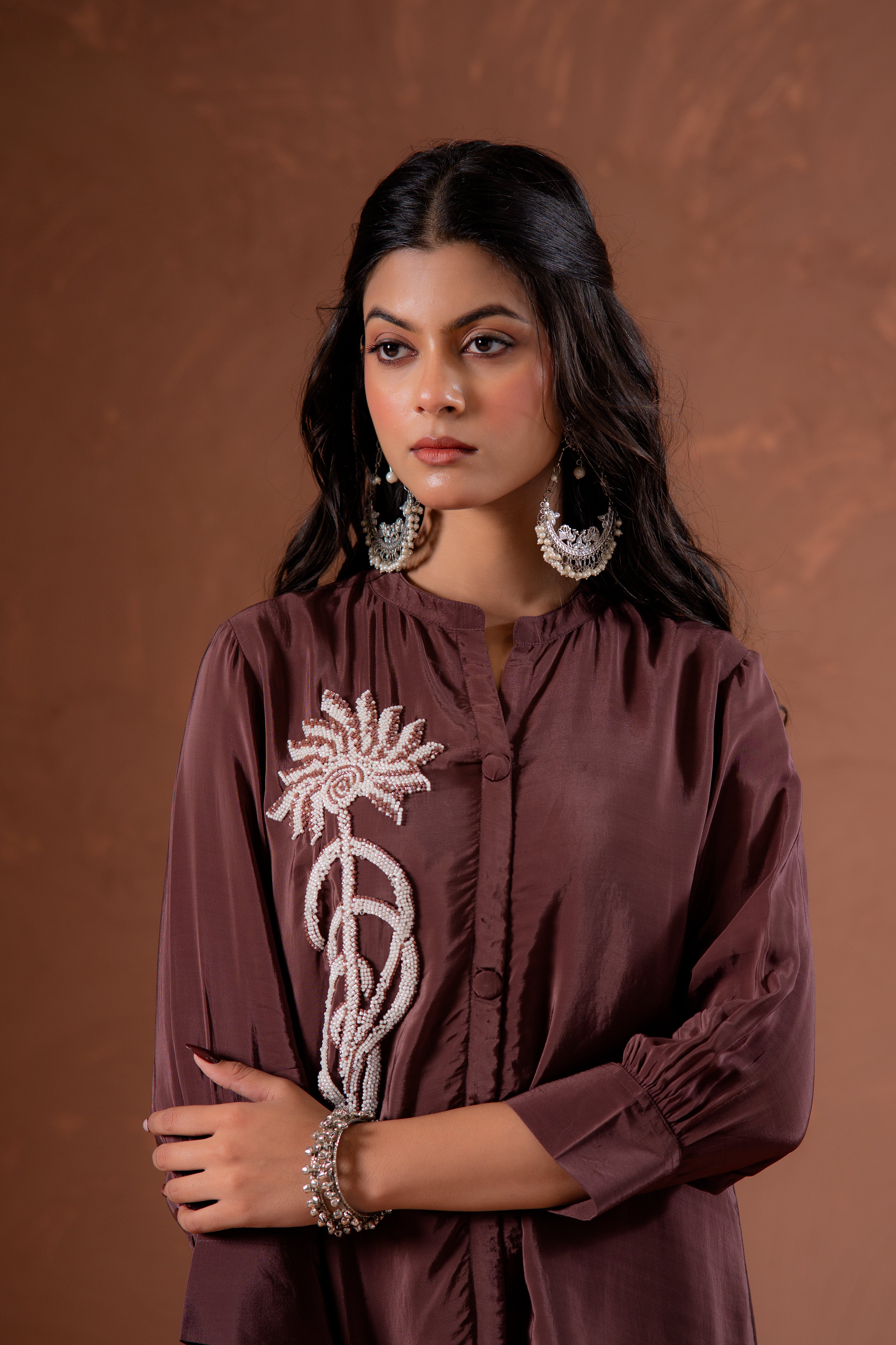 Coffee Brown Embellished Viscose Co-ord Set with Bead Detailing