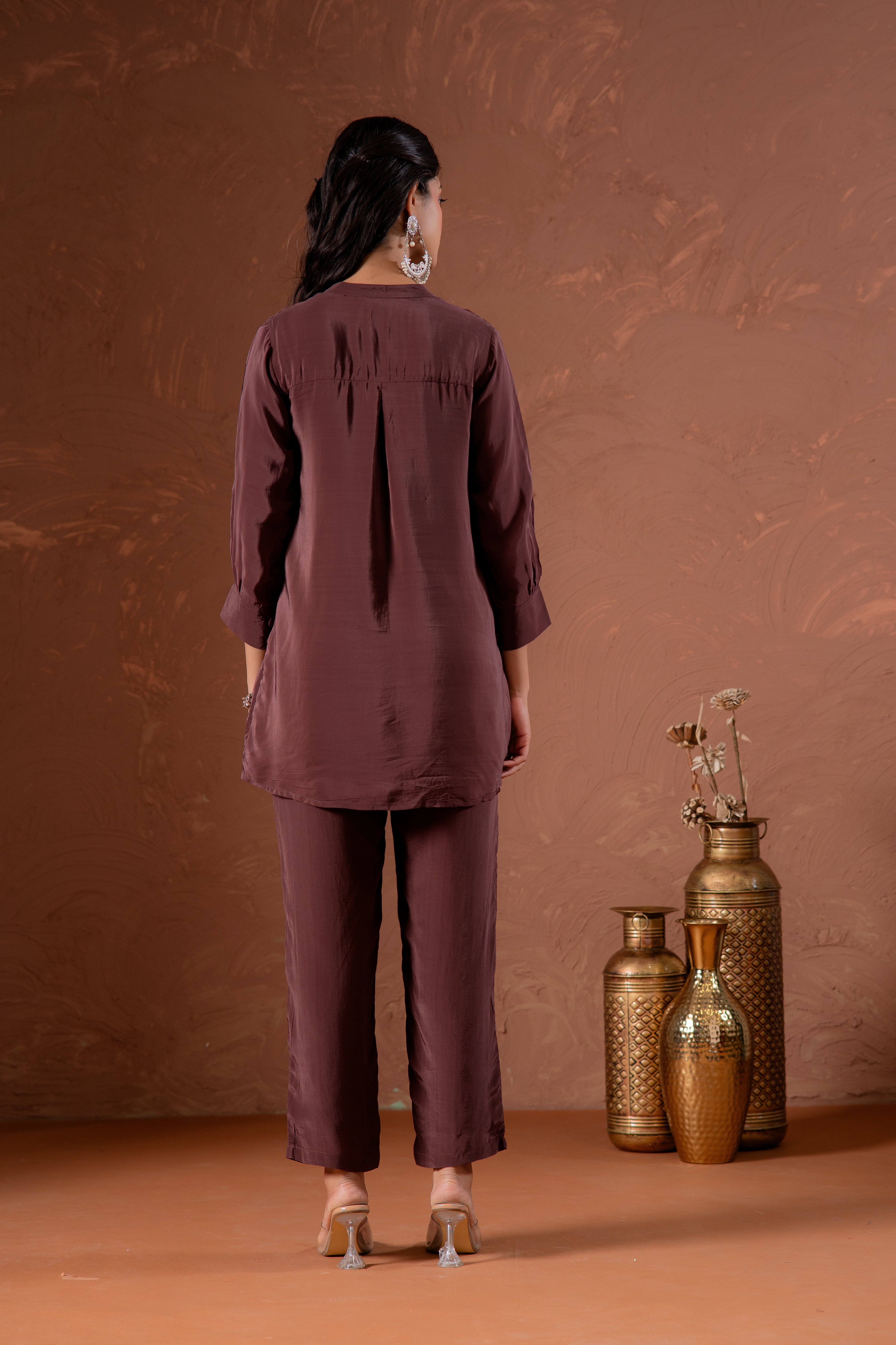 Coffee Brown Embellished Viscose Co-ord Set with Bead Detailing