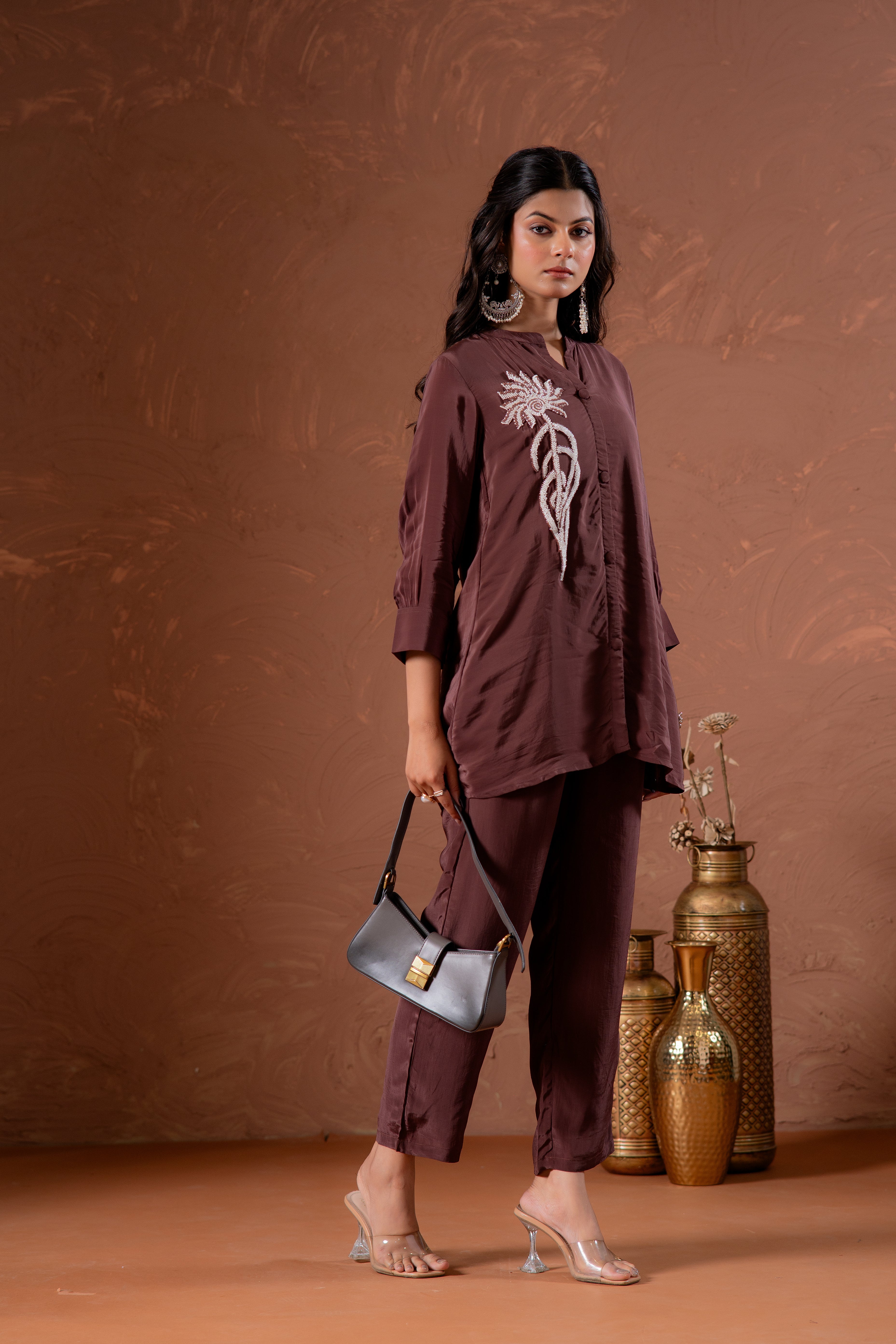 Coffee Brown Embellished Viscose Co-ord Set with Bead Detailing