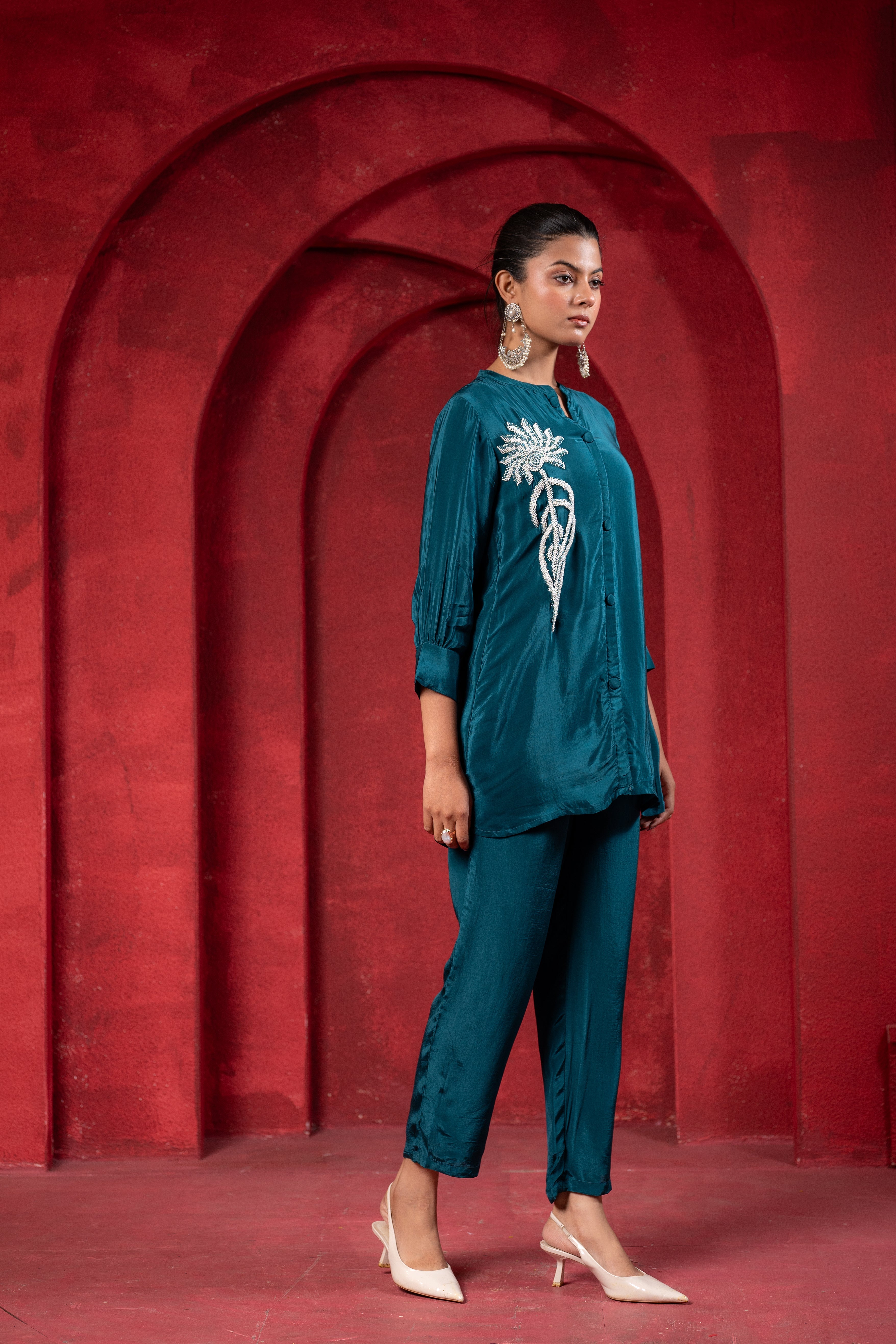 Teal Embellished Viscose Co-ord Set with Bead Detailing