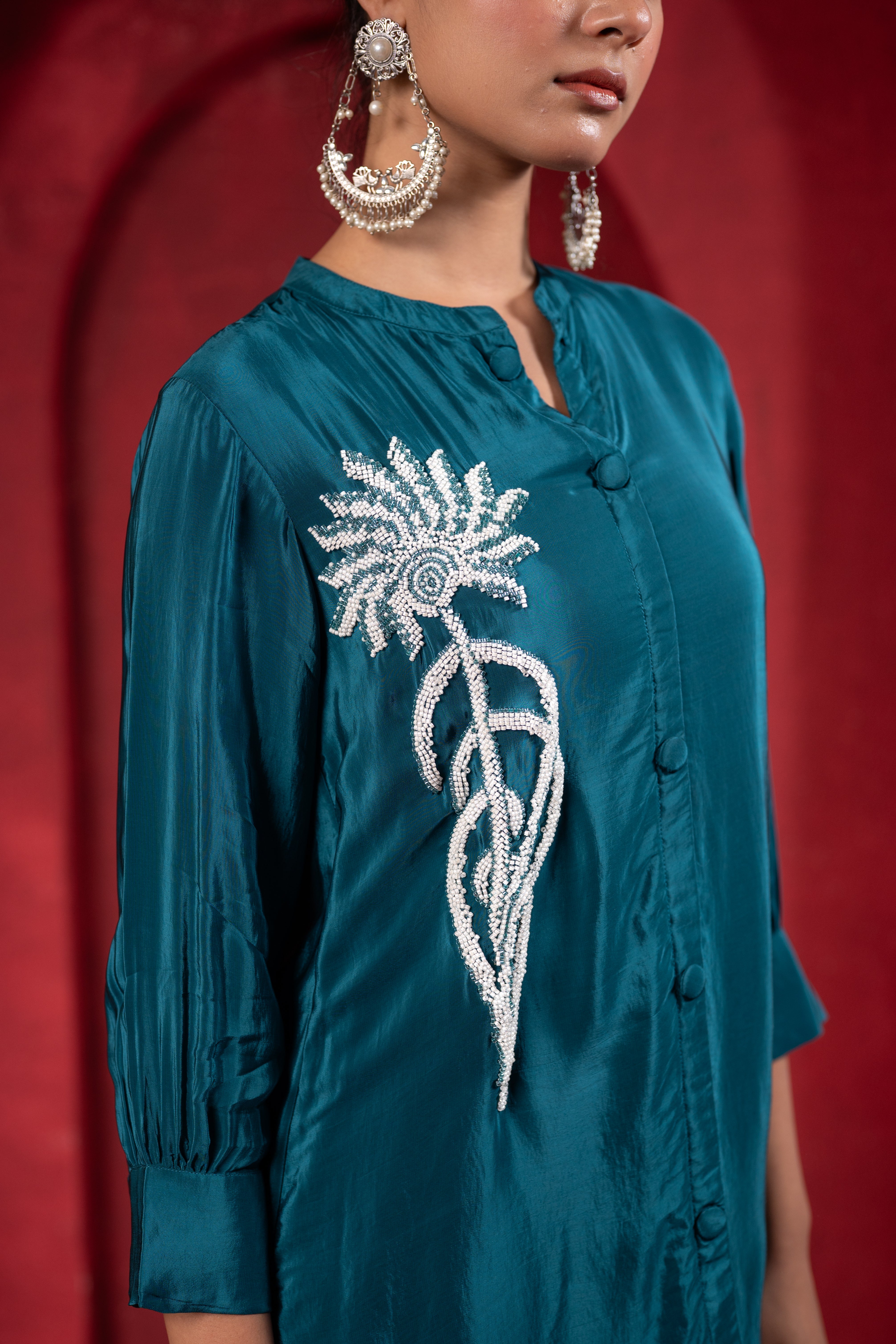 Teal Embellished Viscose Co-ord Set with Bead Detailing