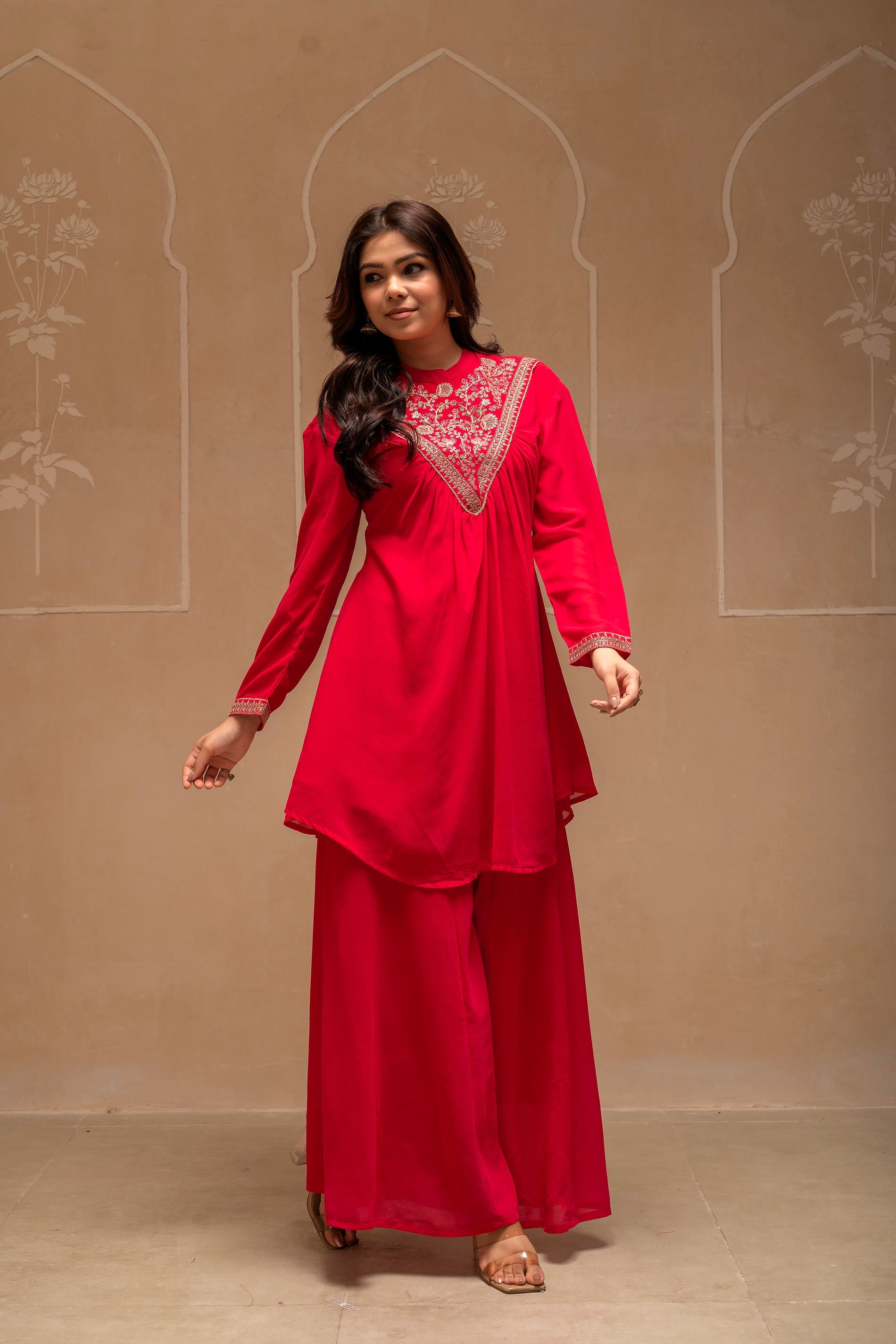 Fuchsia Solid Poly Georgette Tunic and Sharara Co-ord Set with Sequence and Zari Work