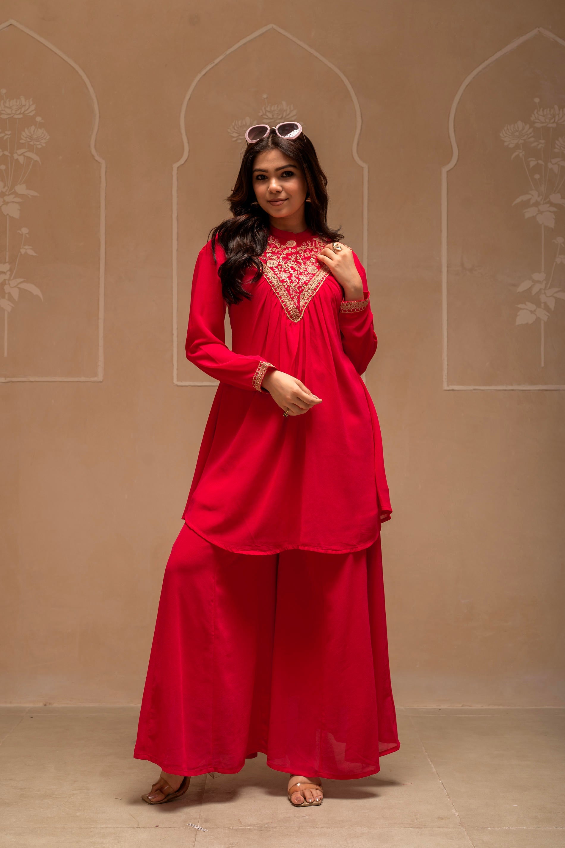 Fuchsia Solid Poly Georgette Tunic and Sharara Co-ord Set with Sequence and Zari Work