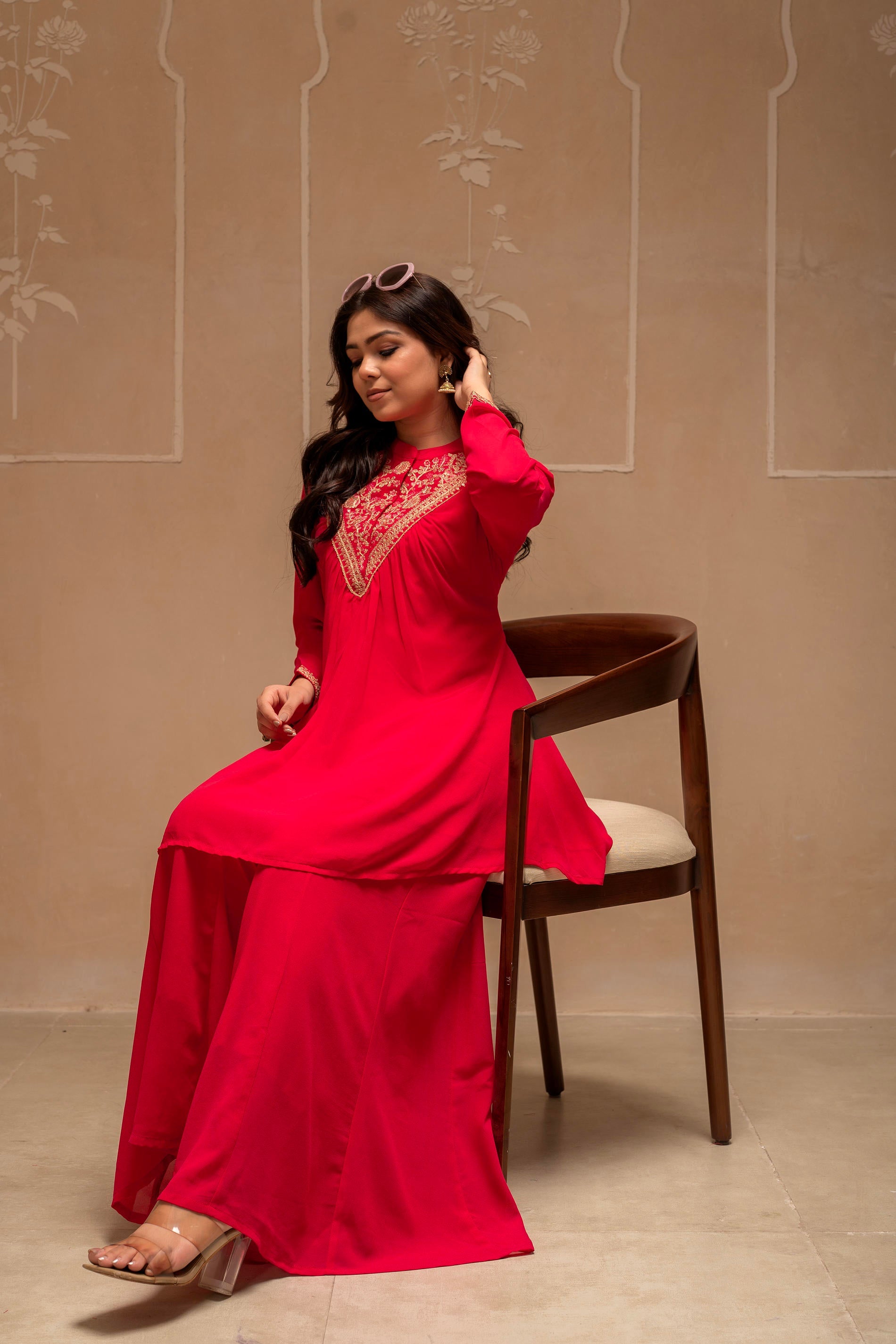 Fuchsia Solid Poly Georgette Tunic and Sharara Co-ord Set with Sequence and Zari Work