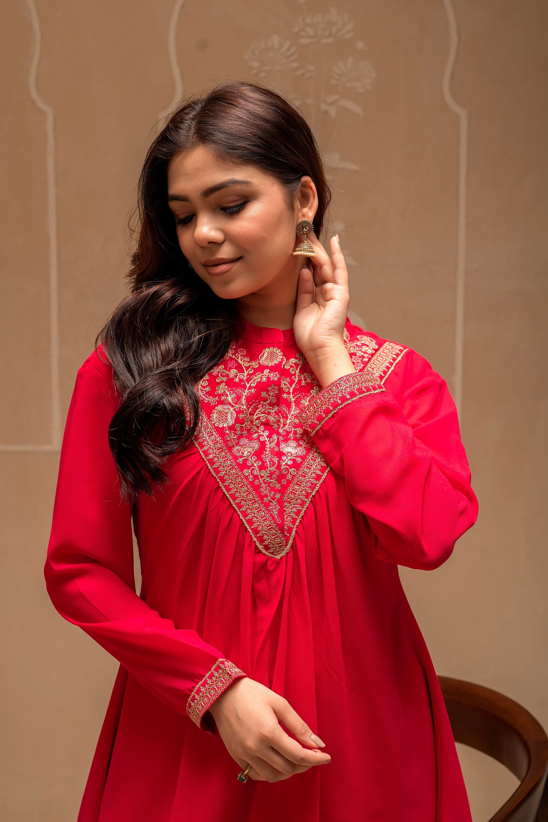 Fuchsia Solid Poly Georgette Tunic and Sharara Co-ord Set with Sequence and Zari Work