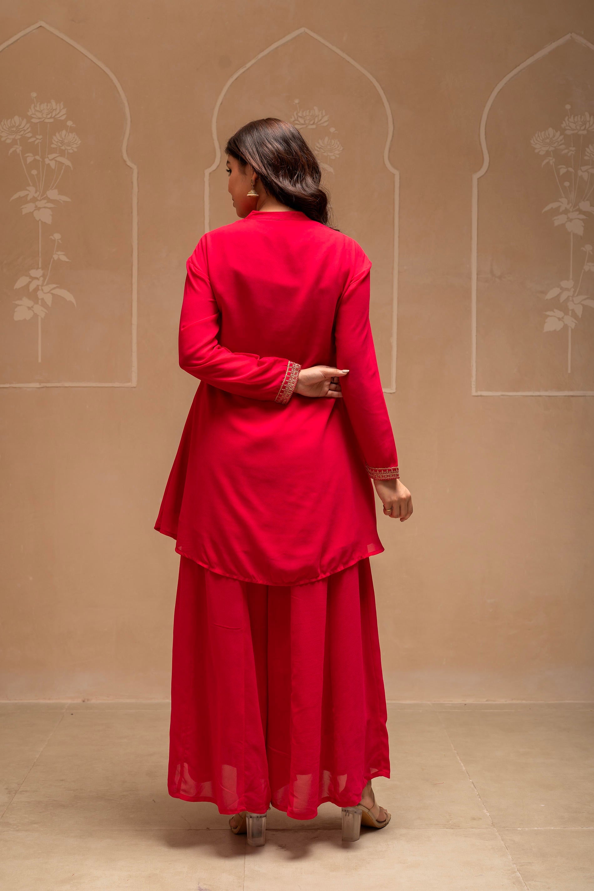 Fuchsia Solid Poly Georgette Tunic and Sharara Co-ord Set with Sequence and Zari Work