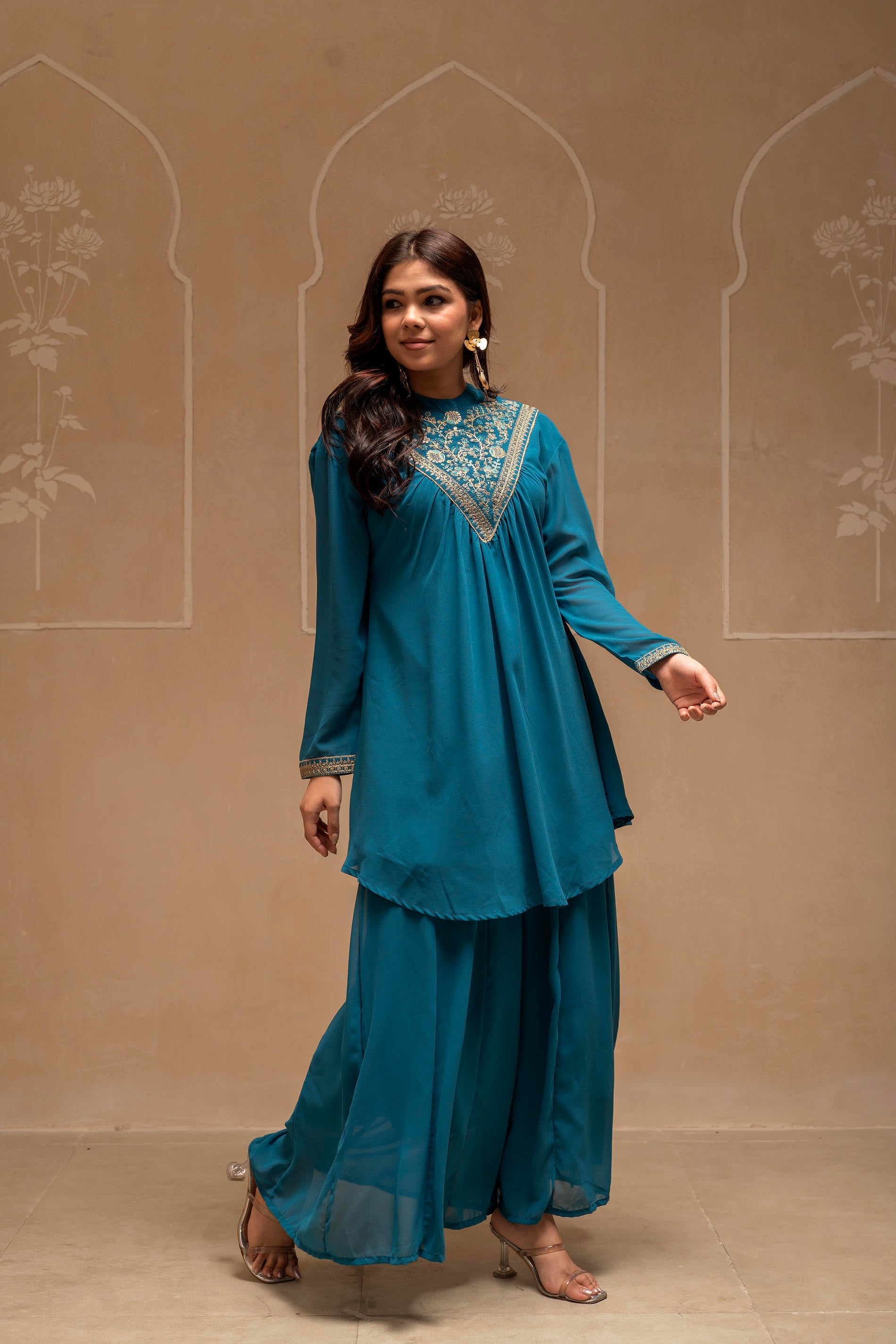 Teal Solid Poly Georgette Tunic and Sharara Co-ord Set with Sequence and Zari Work
