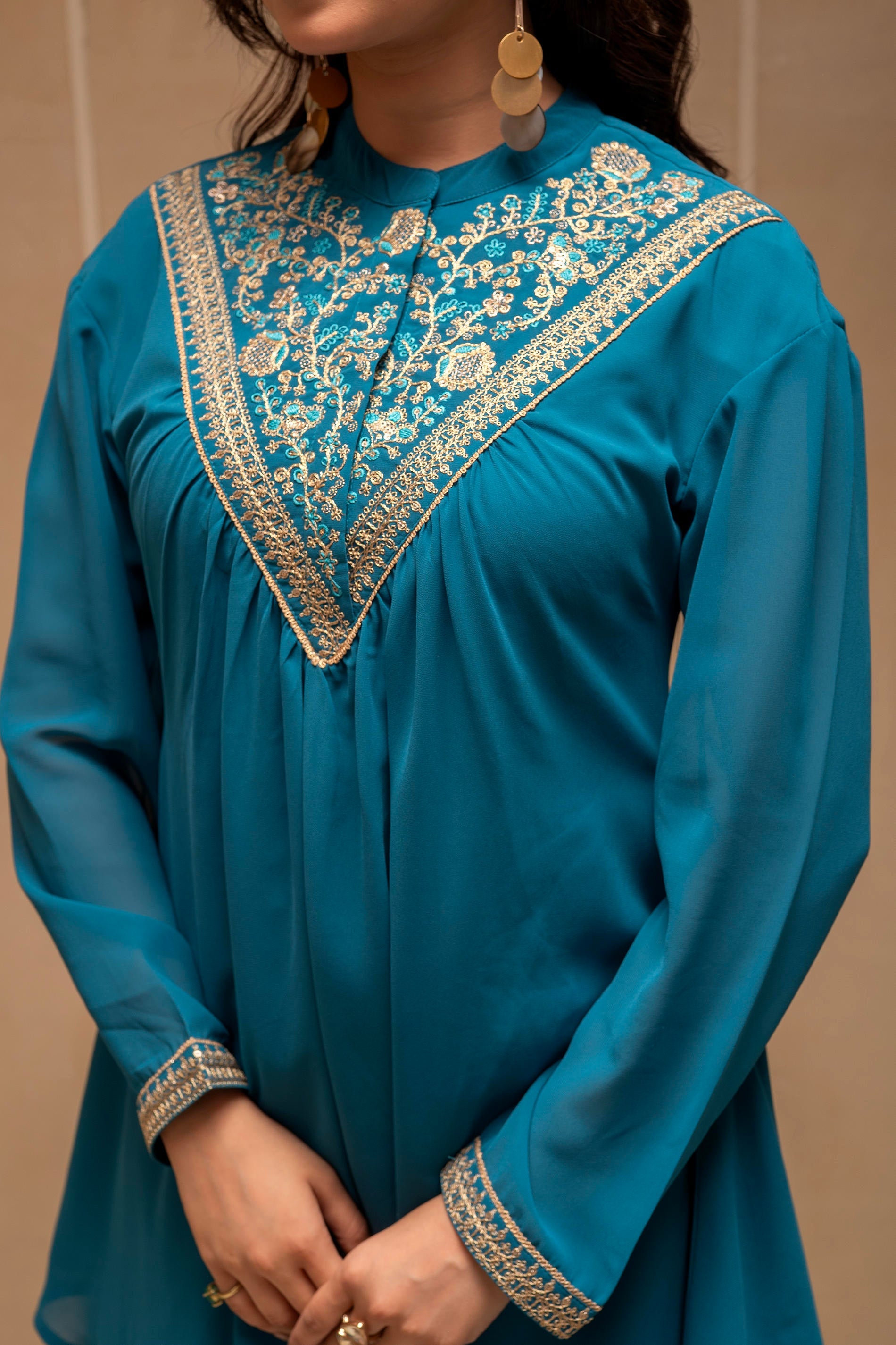Teal Solid Poly Georgette Tunic and Sharara Co-ord Set with Sequence and Zari Work