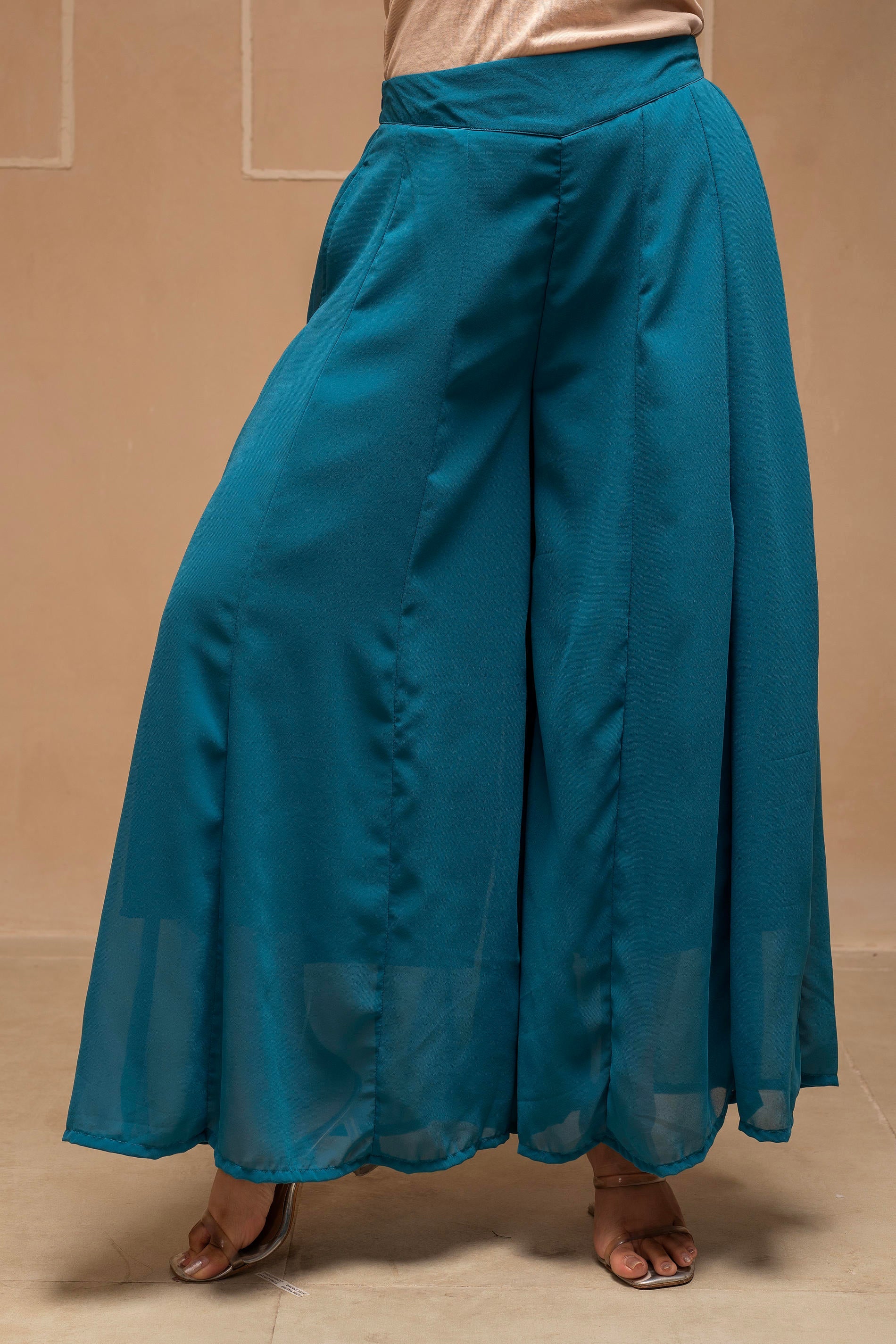 Teal Solid Poly Georgette Tunic and Sharara Co-ord Set with Sequence and Zari Work