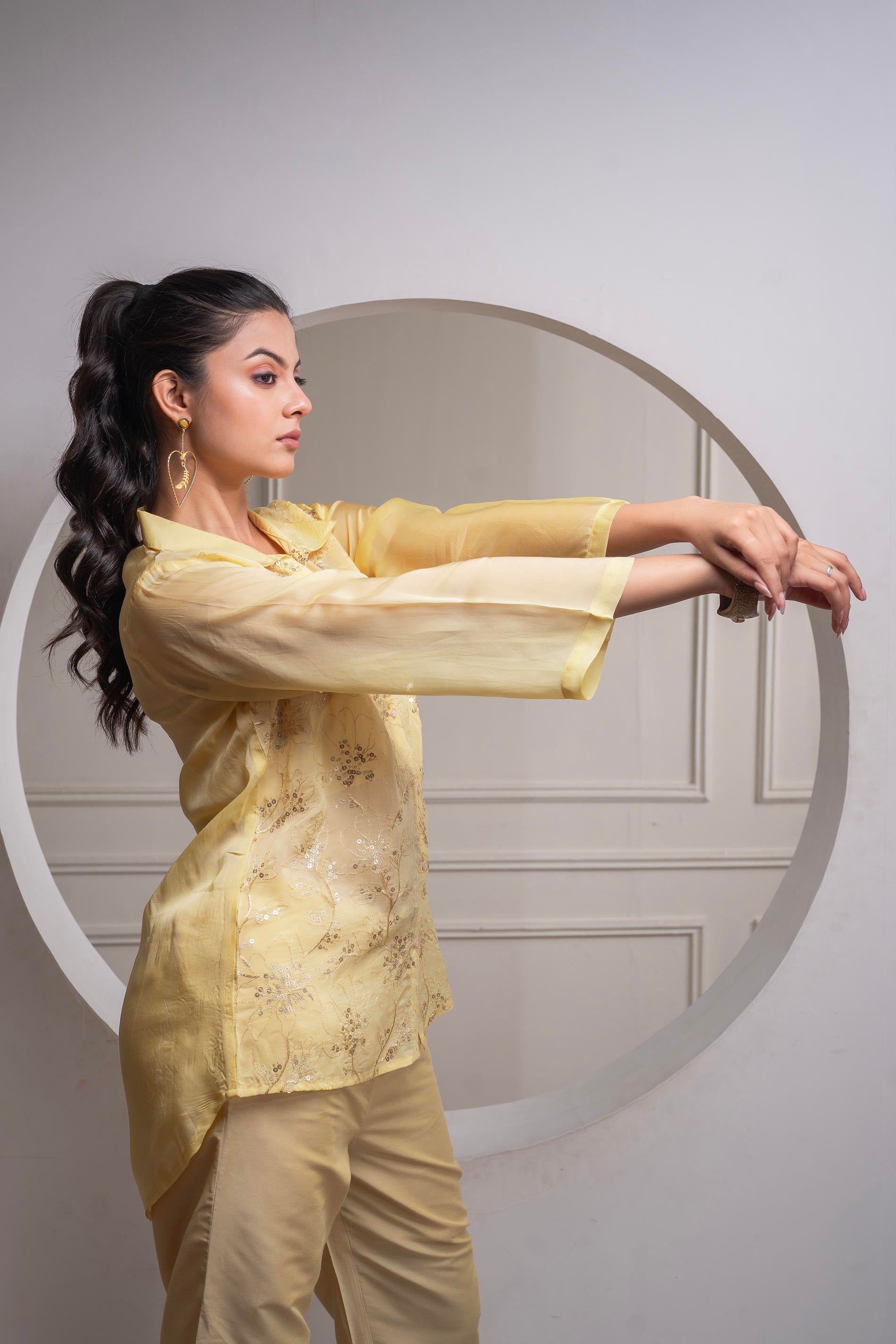 Light Yellow Solid Viscose Shirt, Cami, and Pant Co-ord Set with Sequence and Zari Work