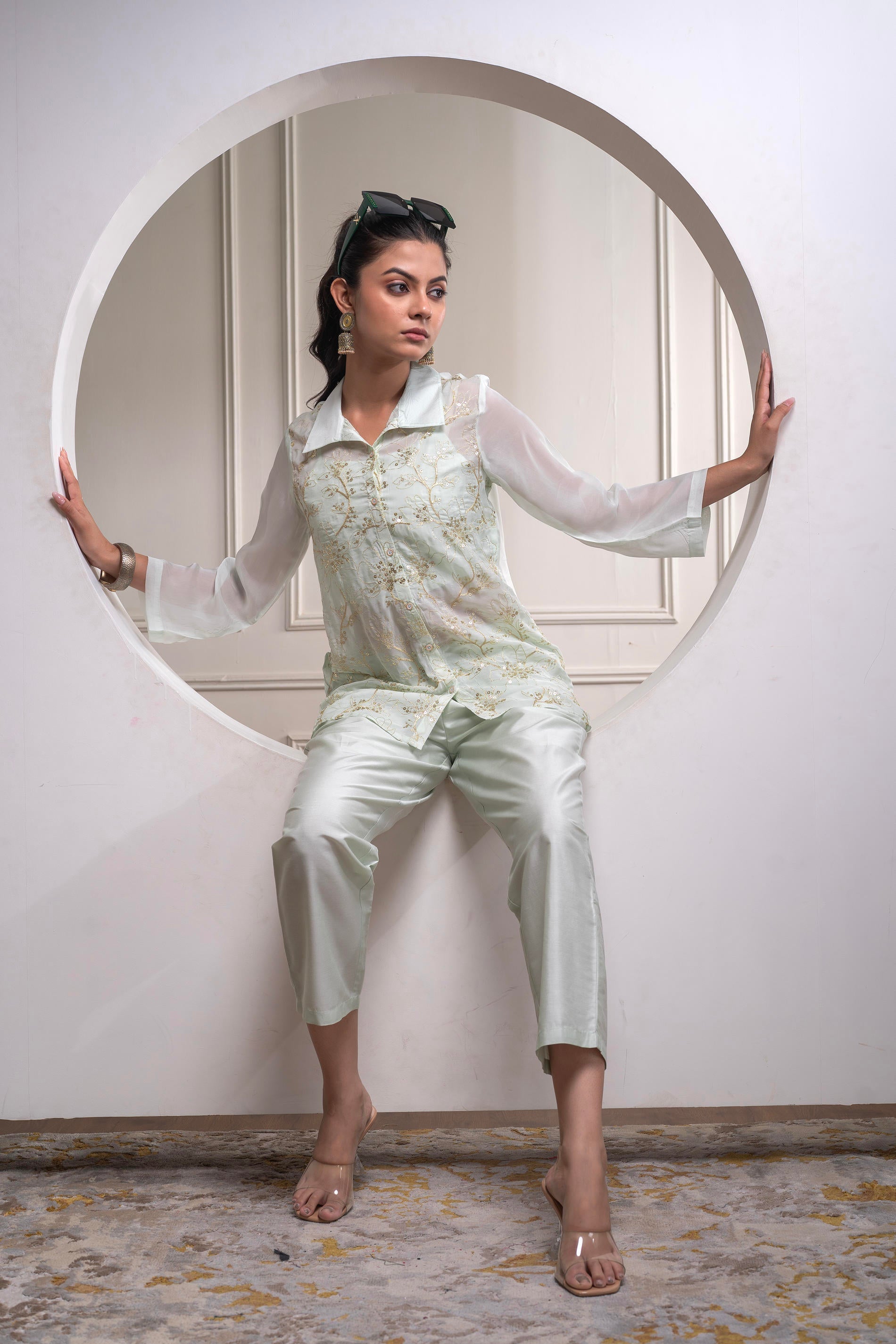 Mintgreen Solid Viscose Shirt, Cami, and Pant Co-ord Set with Sequence and Zari Work