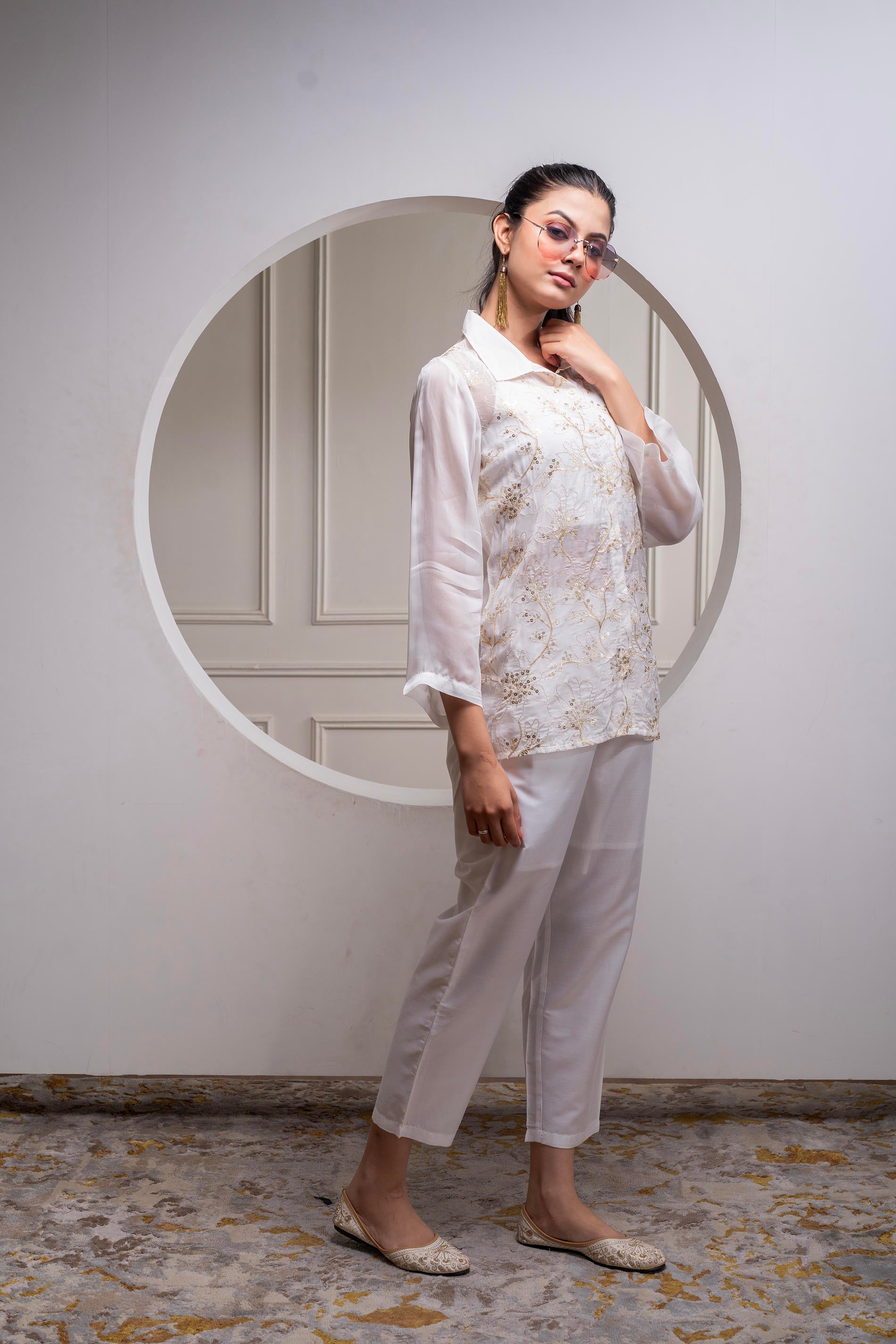 Viscose Offwhite Embroidered Shirt, Cami & Pant Co-Ord Set with Zari Work
