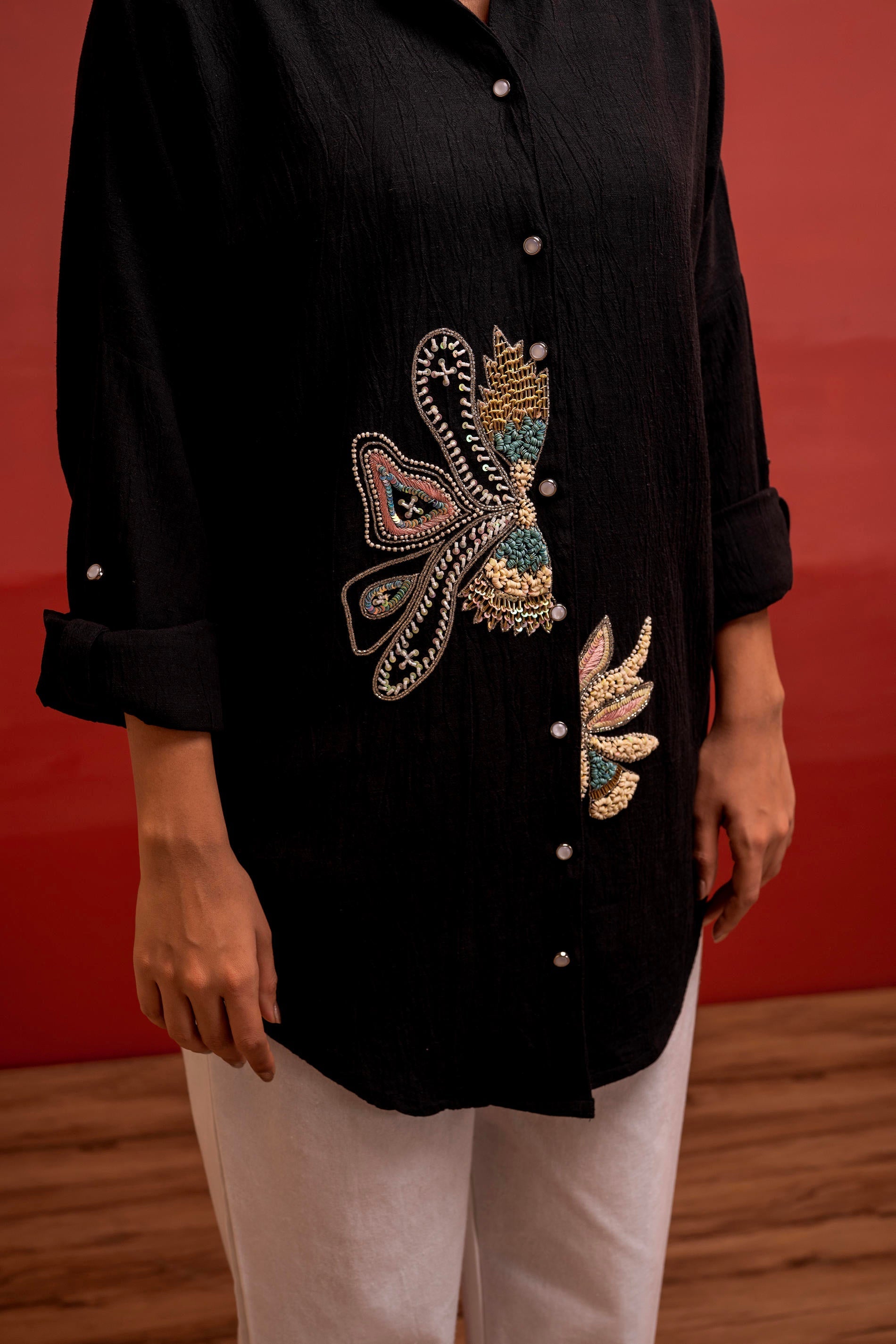 Black Solid Viscose Shirt with Beads, Sequence, and Thread Work