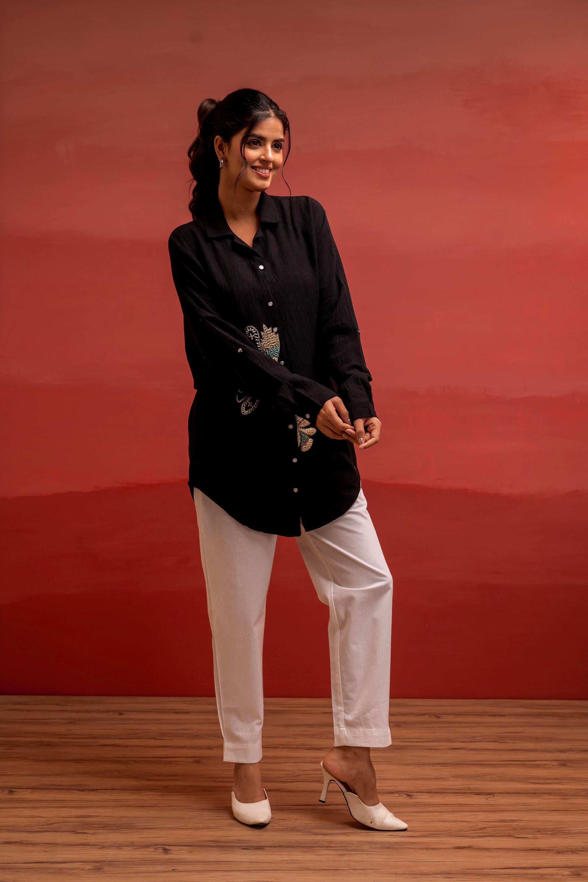 Black Solid Viscose Shirt with Beads, Sequence, and Thread Work