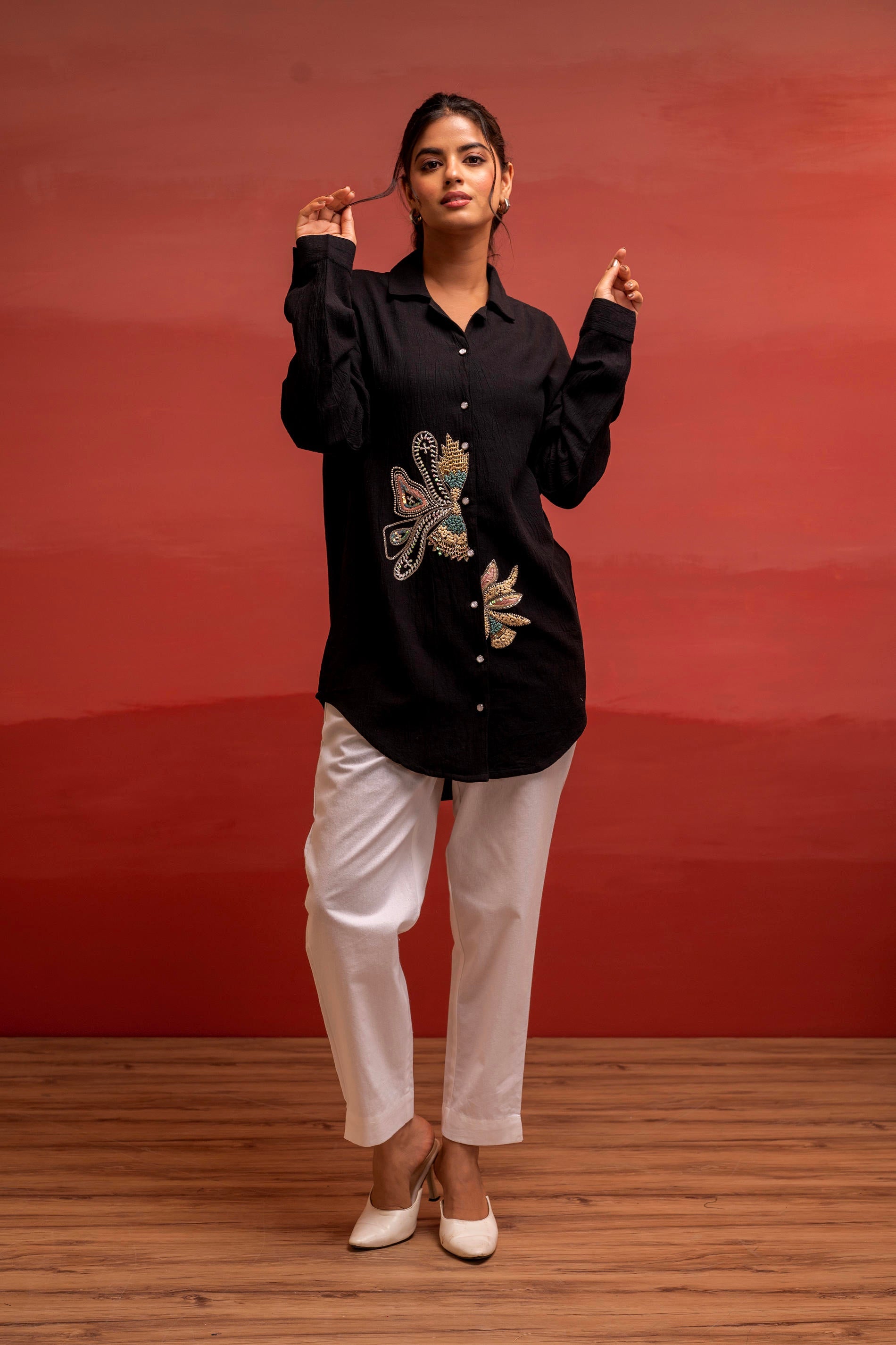 Black Solid Viscose Shirt with Beads, Sequence, and Thread Work