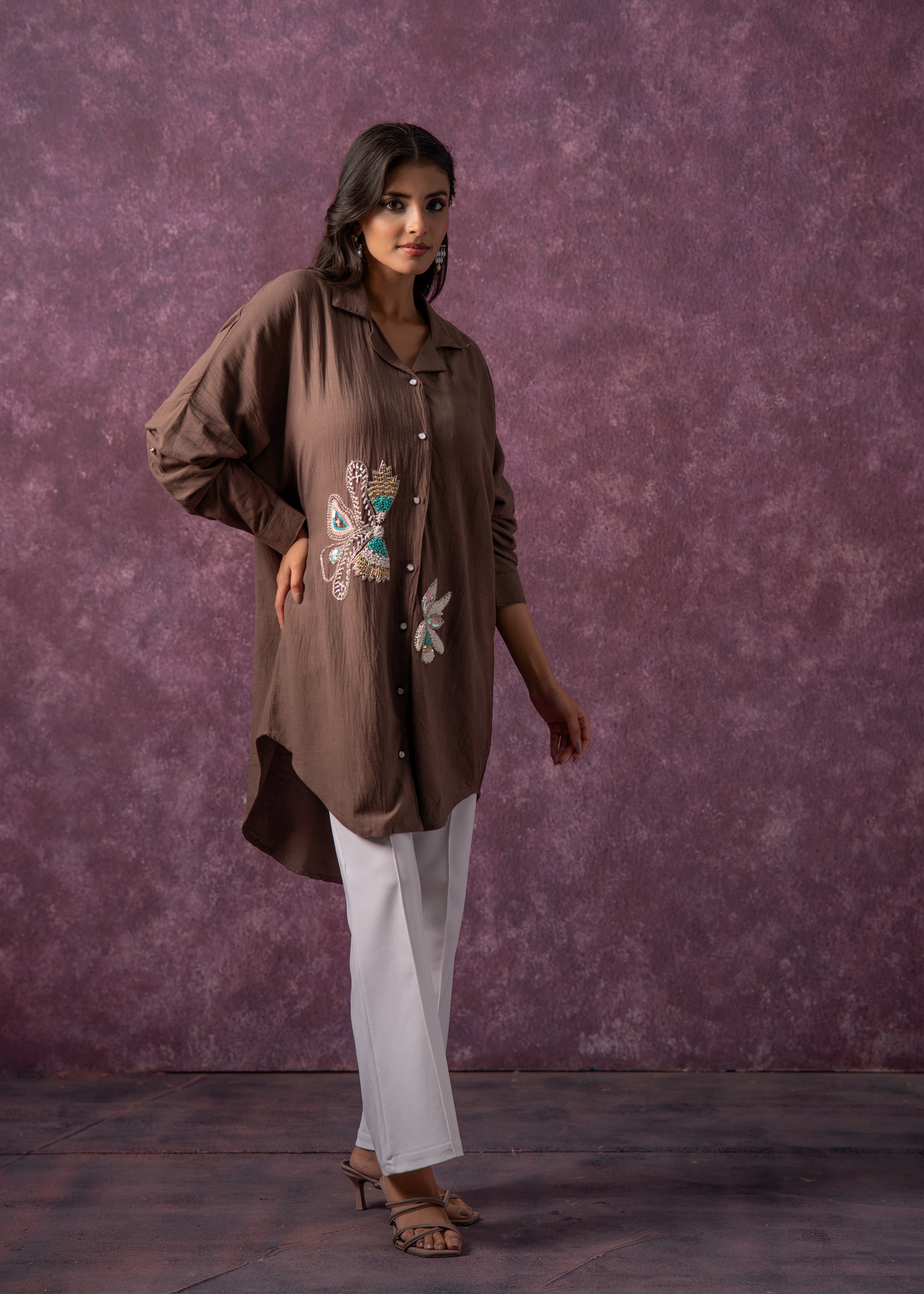 Brown Solid Viscose Shirt with Beads, Sequence, and Thread Work